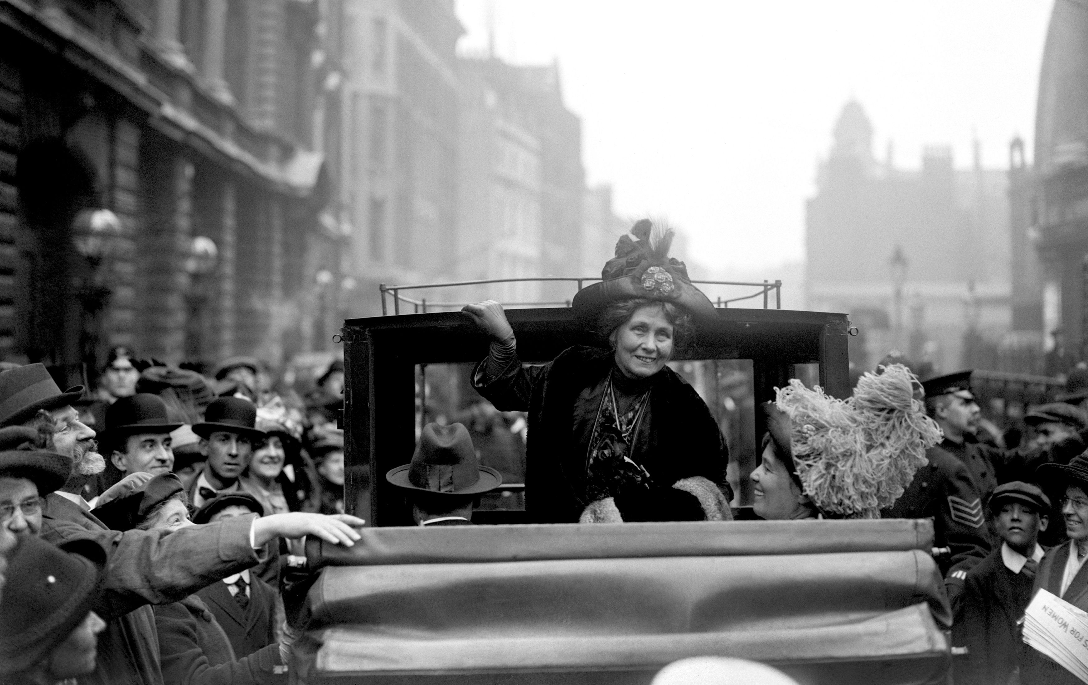 Emmeline Pankhurst leaving Bow Street after getting bail on a conspiracy charge in 1912 (PA)