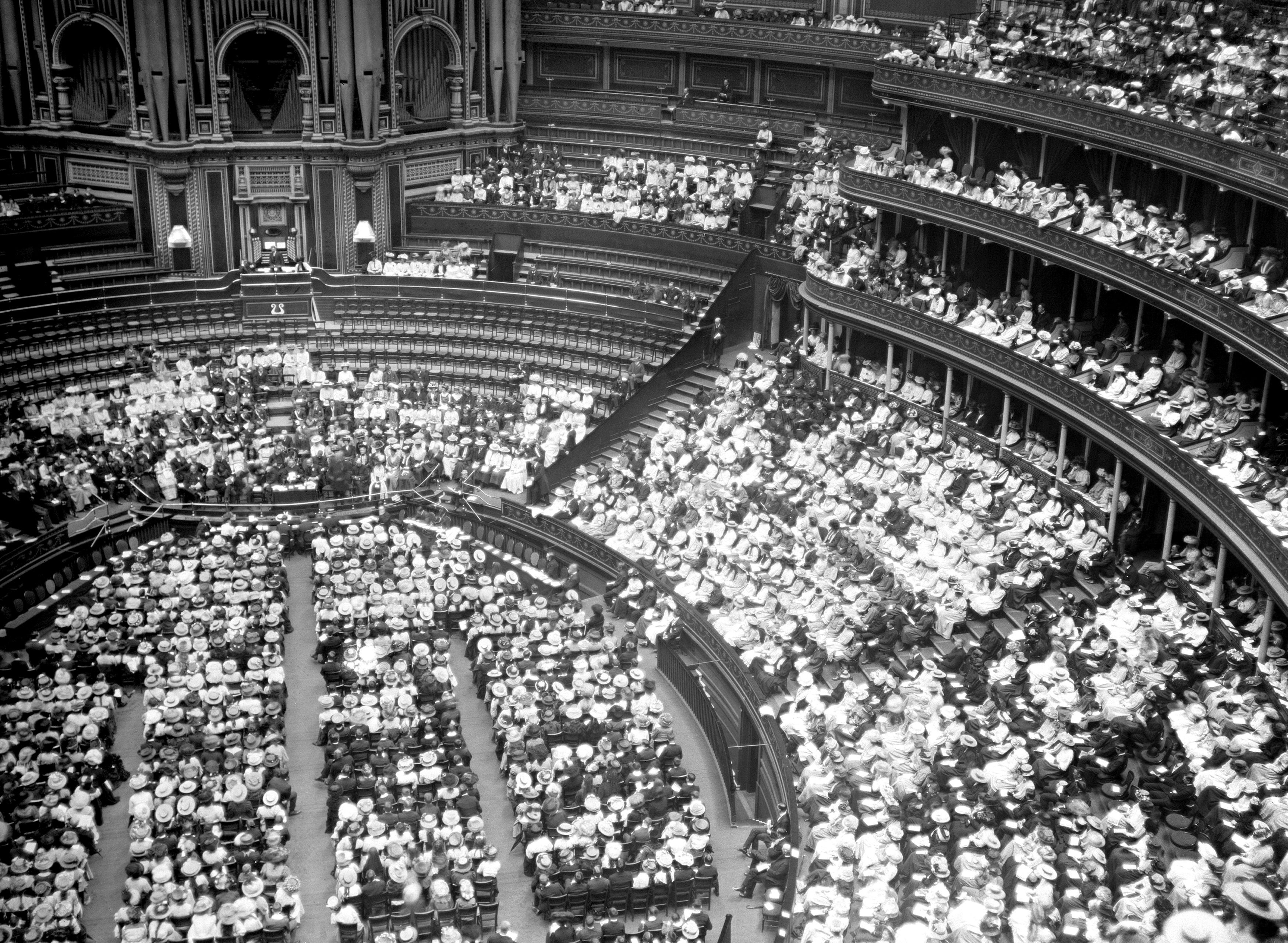 Suffragettes during a mass meeting at the Royal Albert Hall in 1913 (PA)