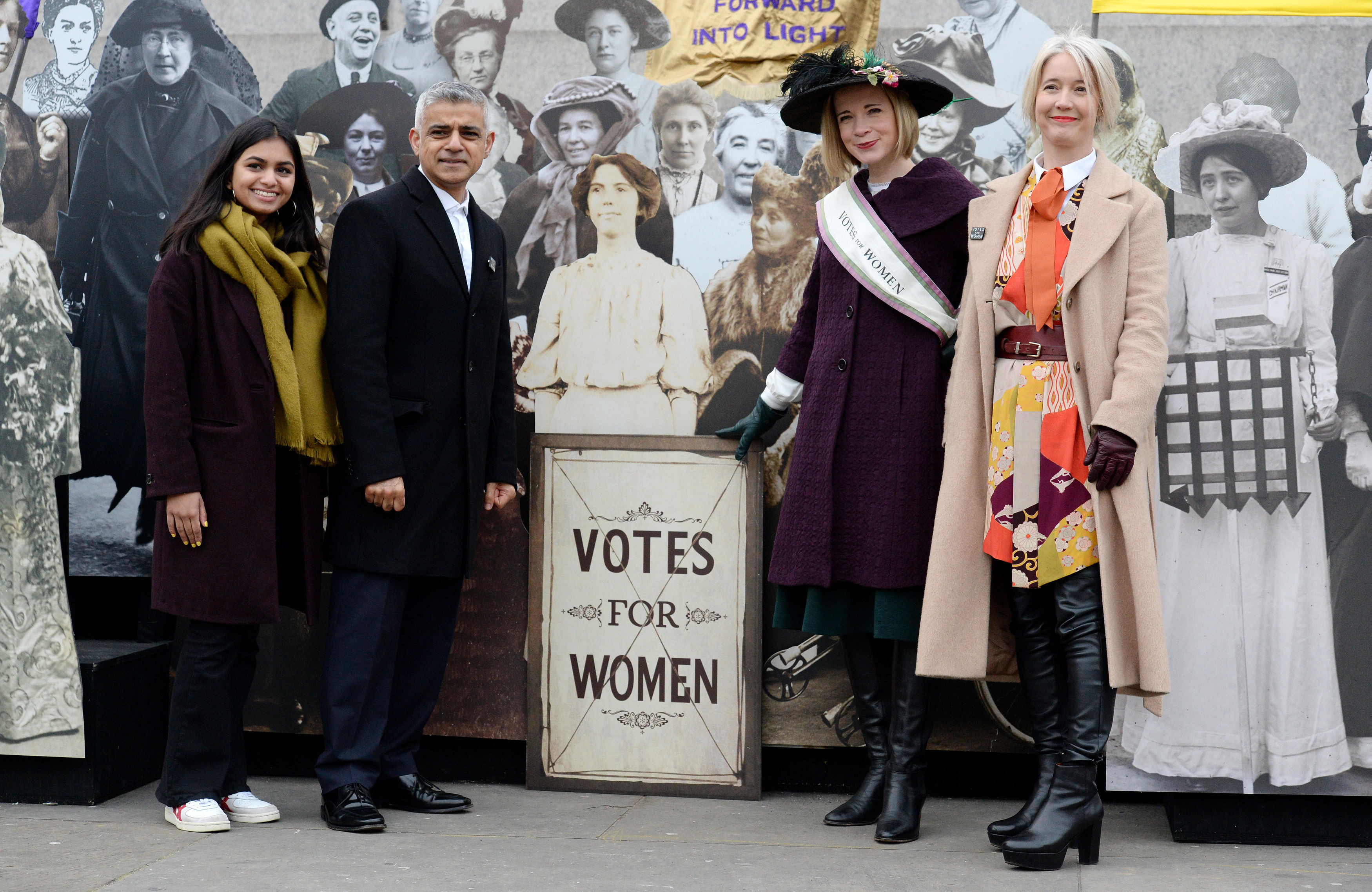 Woman's activist Amika George, Mayor of London Sadiq Khan (second left), Curator of the Historic Royal Palaces Lucy Worsley (second right) and Deputy Mayor Justine Simons (right) at the opening of an exhibition in Trafalgar Square to mark the centenary of women's suffrage (Kirsty O'Connor/PA)