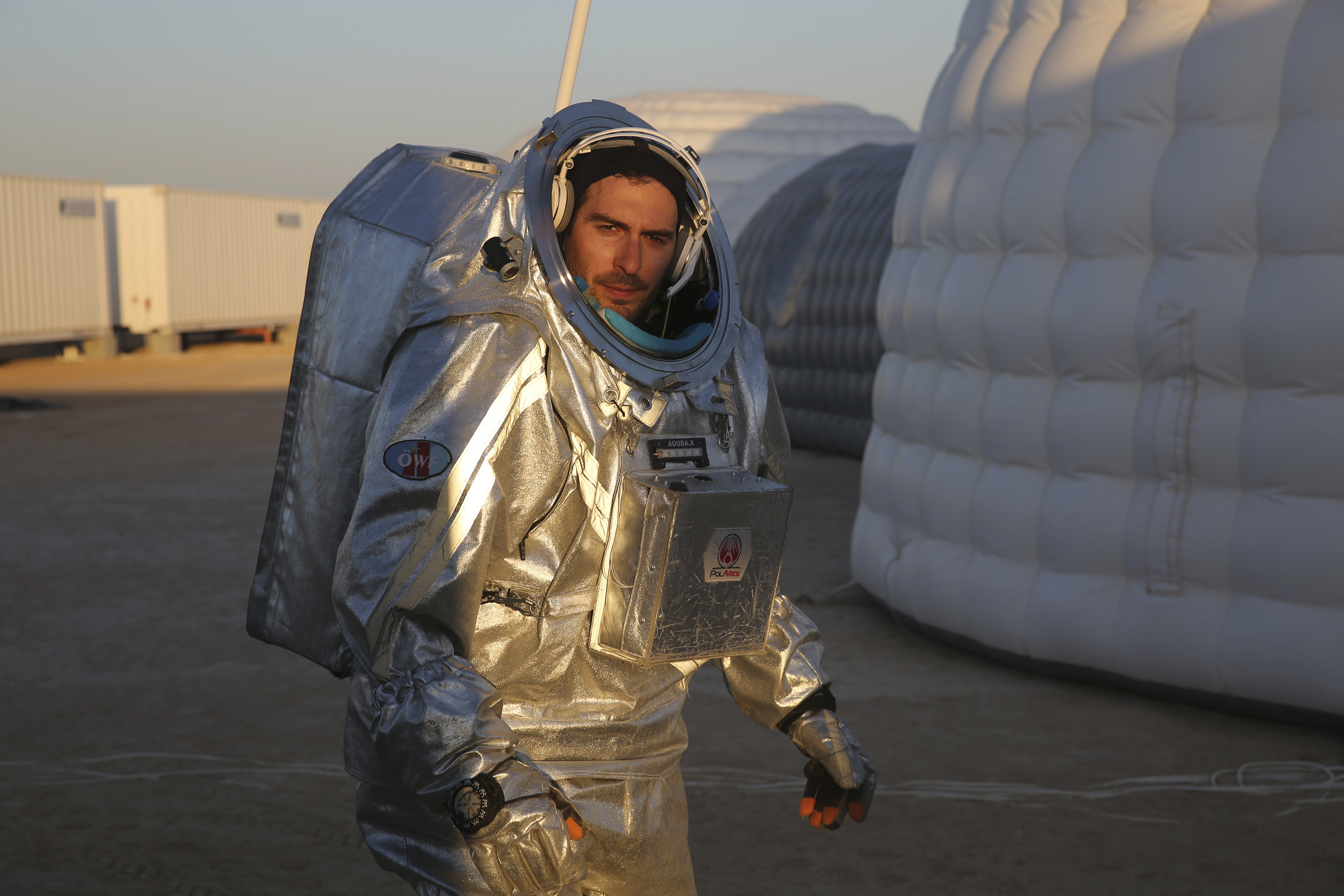 Joao Lousada, a flight controller for the International Space Station, wearing an experimental space suit during a simulation of a future Mars mission in the Dhofar desert of southern Oman (Sam McNeil/AP)