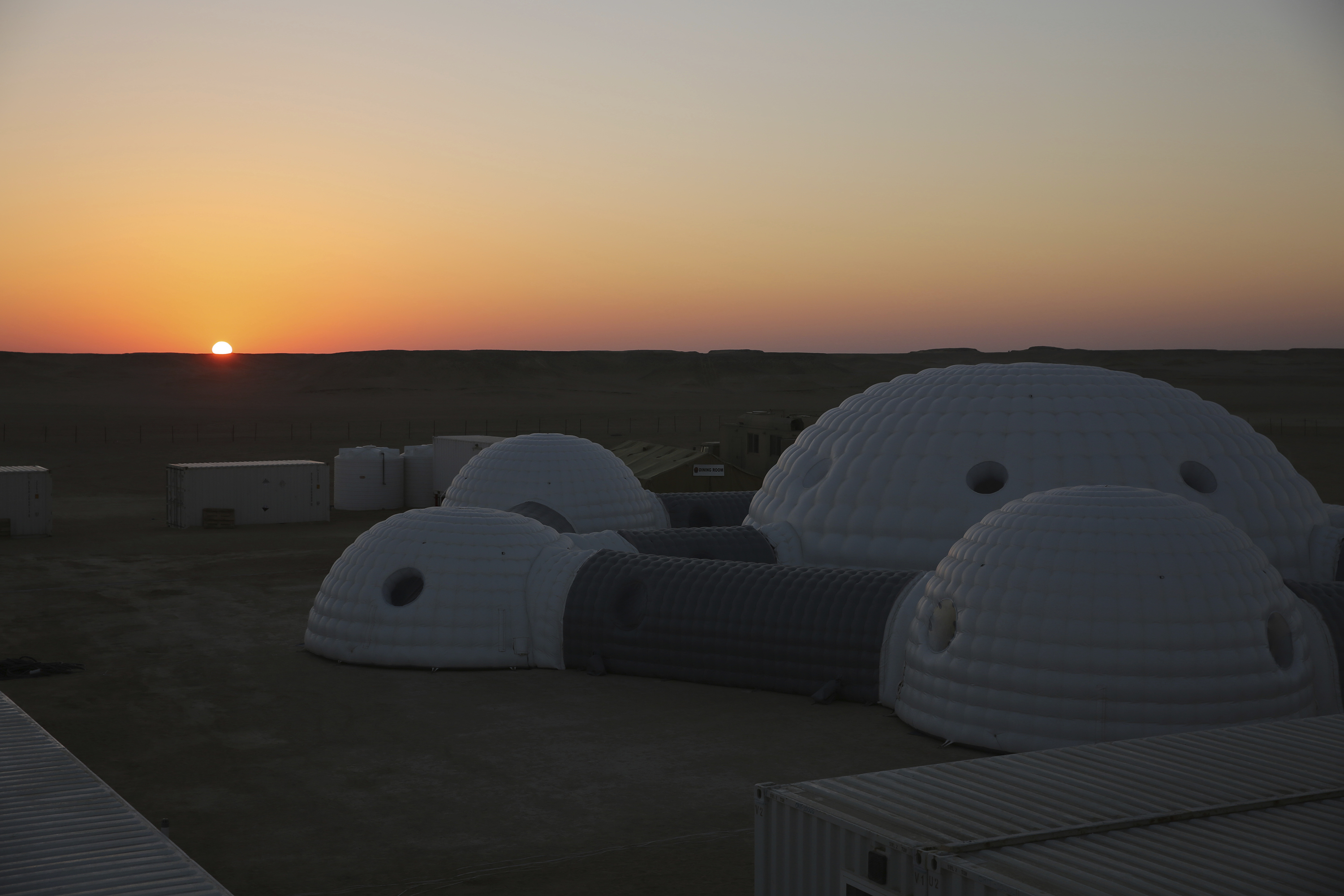 The sun rises over a 2.4-ton inflated habitat used by the AMADEE-18 Mars simulation in the Dhofar desert of southern Oman (Sam McNeil/AP)