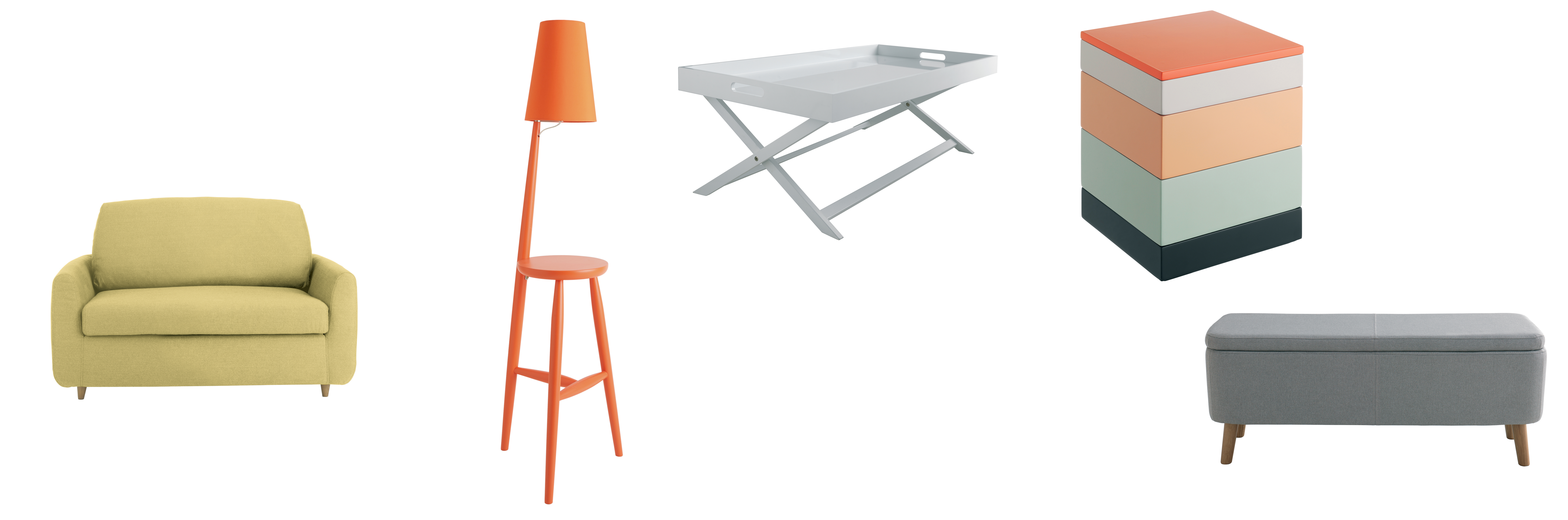 (L-R) Honovi Compact Sofa Bed in Saffron Yellow fabric, £1,300; Wallace Orange Wooden Floor Lamp and Table with Orange Shade, £195; Oken White Folding Coffee Table With Removable Tray Top, £85; Karena Multi-Coloured 4-Tier Stacking Storage Box, £35; Jacobs Grey Upholstered Storage Bench, £250, Habitat (Habitat/PA)