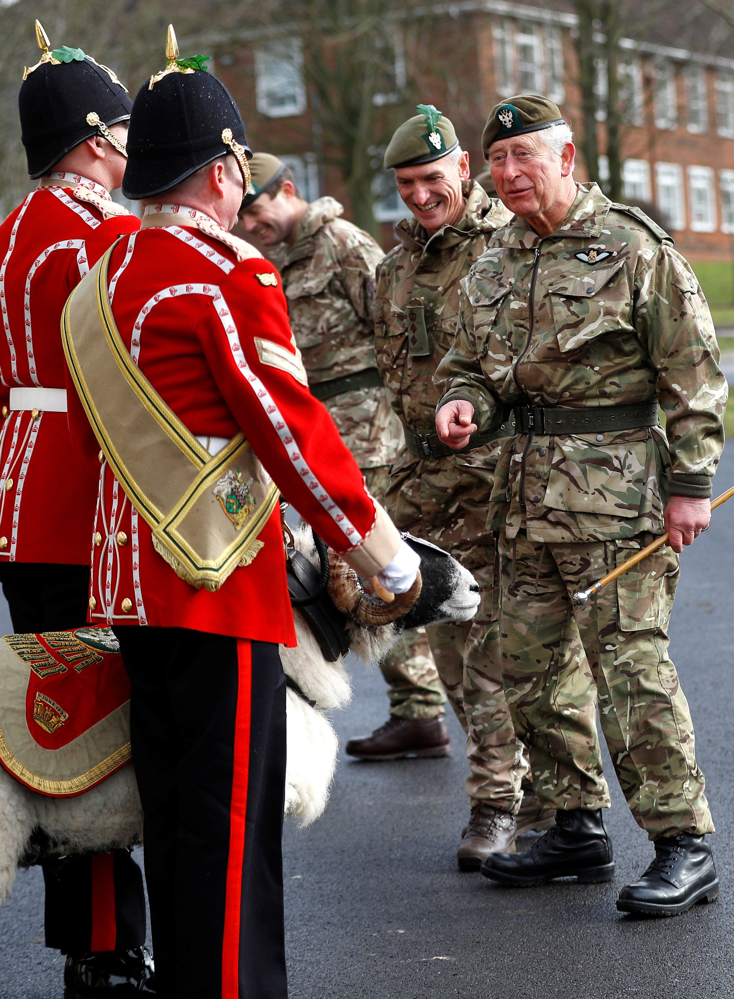 The Prince of Wales meets Private Derby XXII, a Swaledale Ram and the Regimental Mascot during his visit to the 1st Battalion the Mercian Regiment