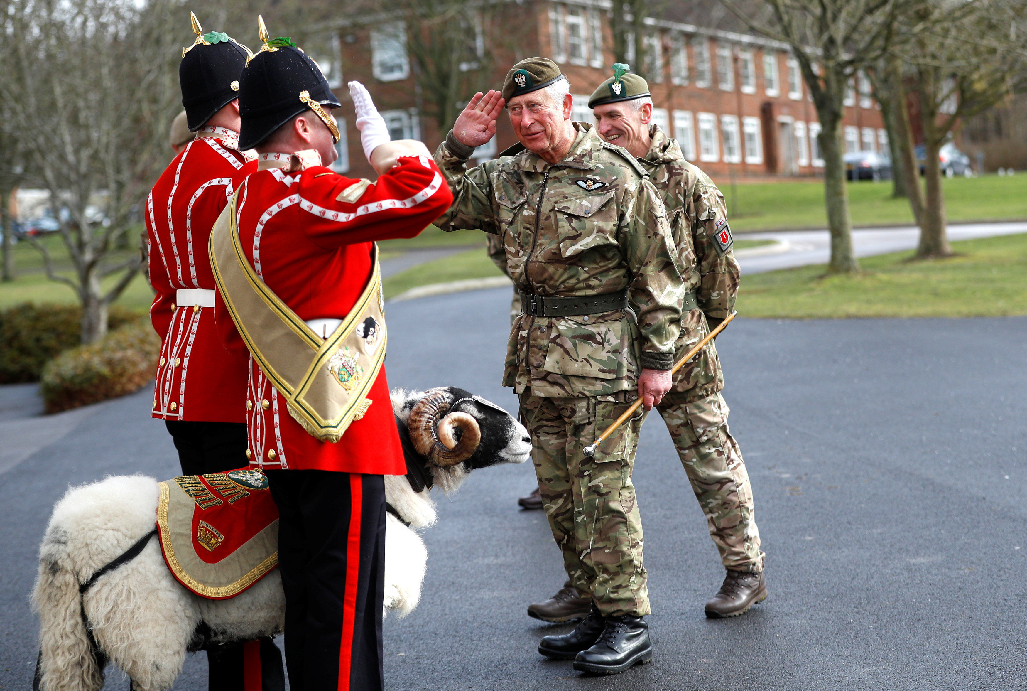 The Prince of Wales inspects troops and meets Private Derby XXII, a Swaledale Ram and the Regimental Mascot during his visit to the 1st Battalion the Mercian Regiment