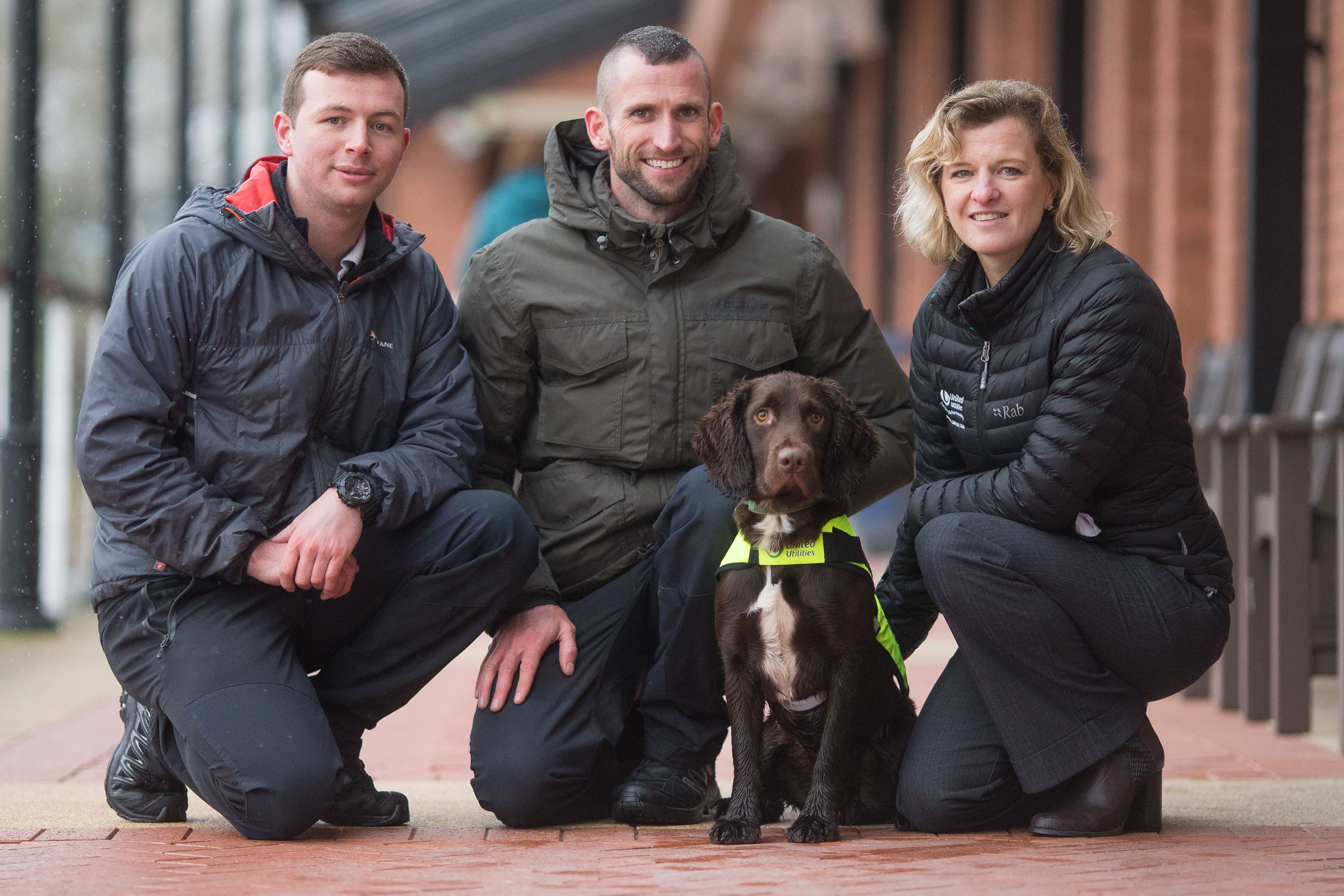 Snipe the dog, with, from left, Luke Jones, Ross Stephenson and Hannah Wardle (Aaron Chown/PA)