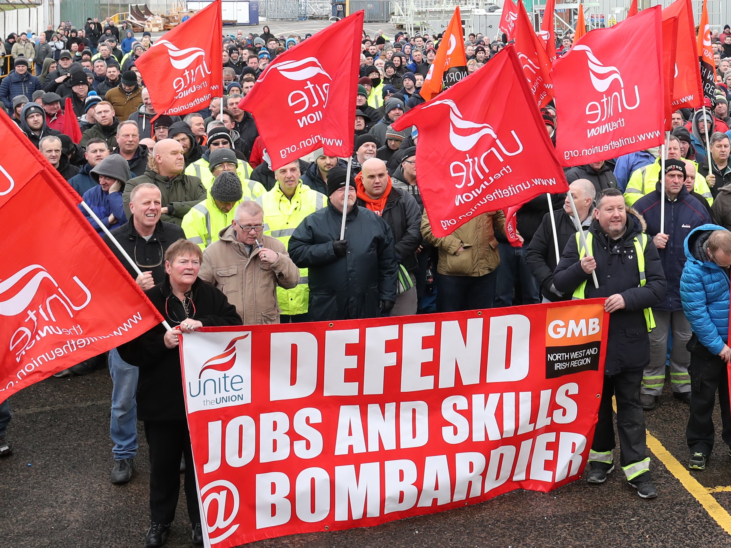 Bombardier workers at a rally last month (Niall Carson/PA)