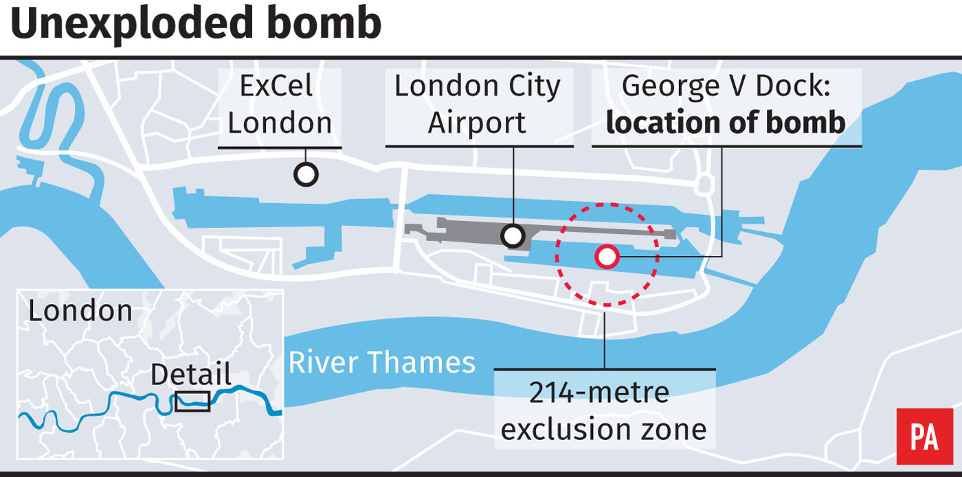 Locates unexploded Second World War bomb in George V Dock close to London City Airport 