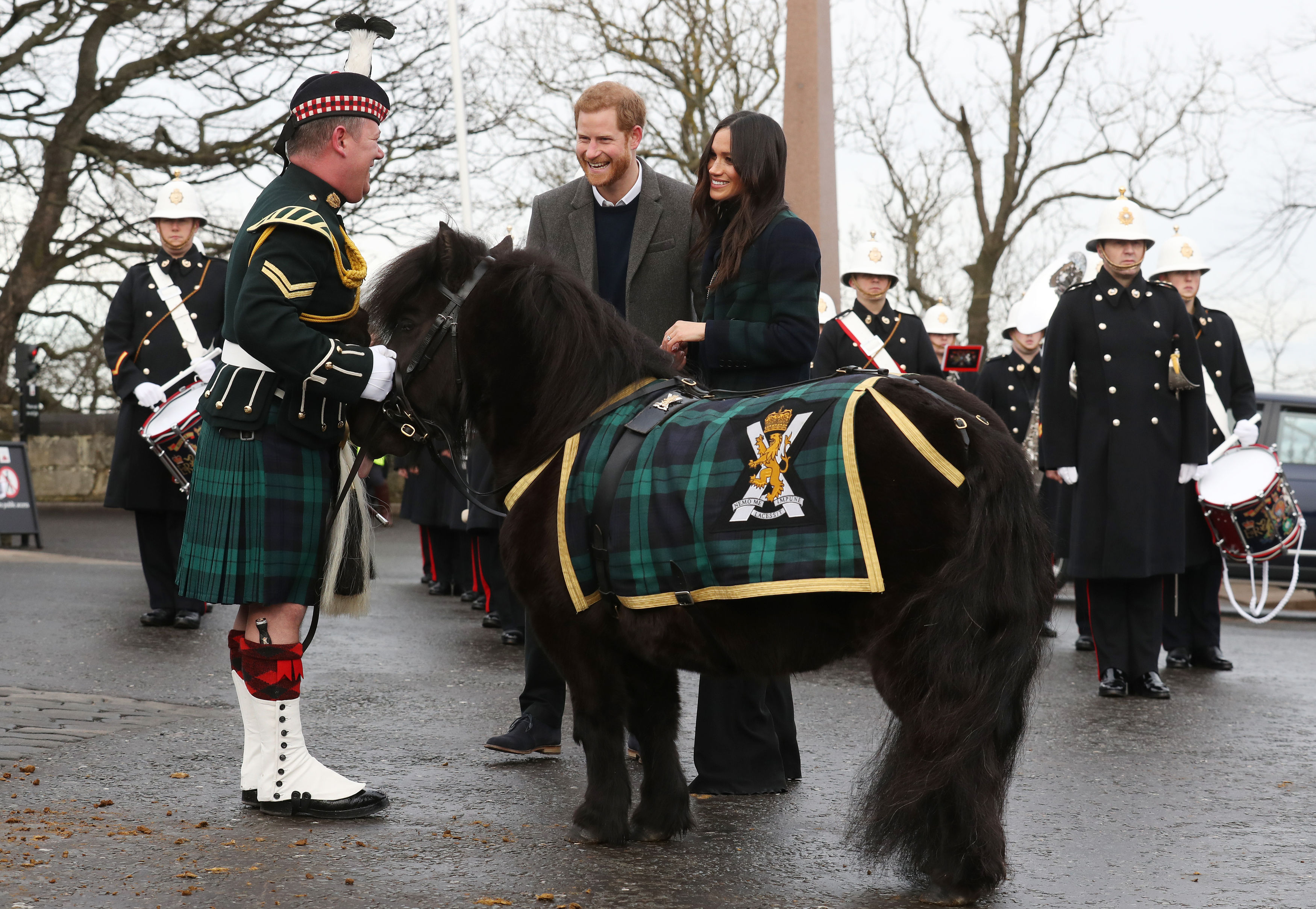 Pony Major Mark Wilkinson and regimental mascot Cruachan IV were among the welcoming party (Andrew Milligan/PA)