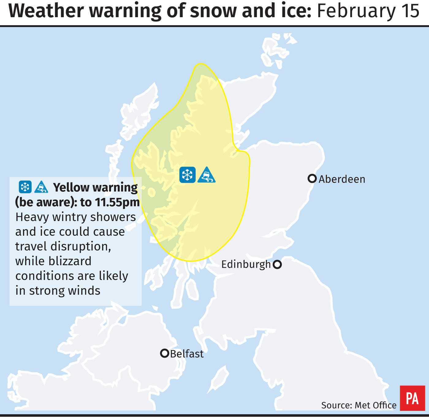 Weather warning of snow and ice (PA Graphics)