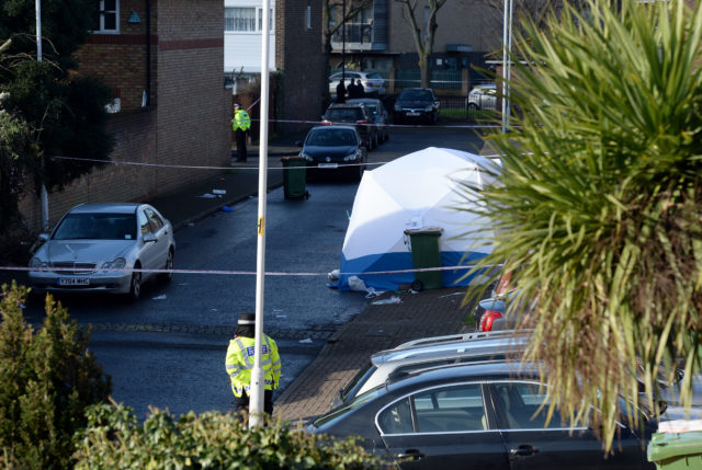A police forensics tent at the scene in Goldwing Close, Canning Town, east London, after a 17-year-old boy was stabbed to death. (Kirsty O'Connor/PA)