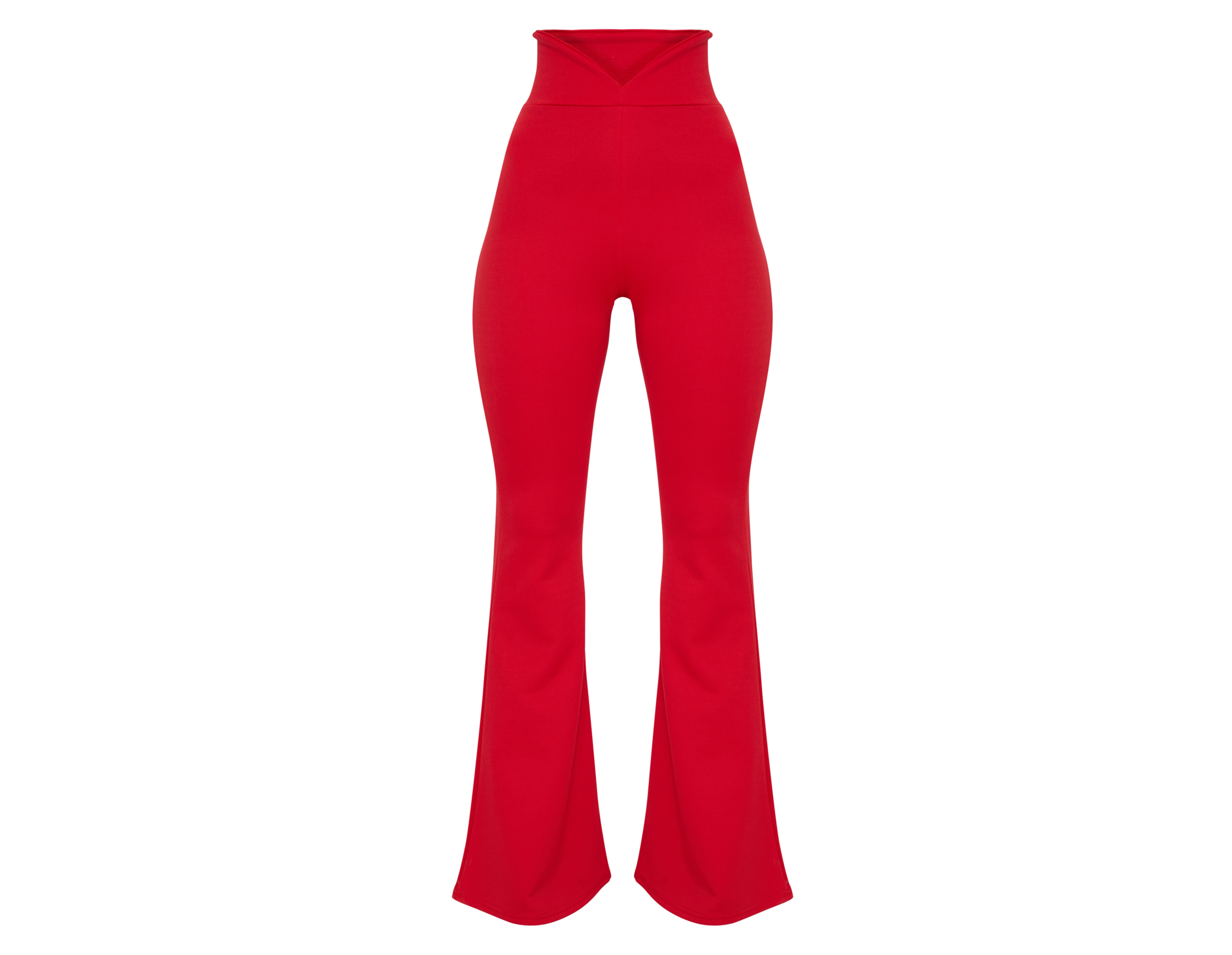 PrettyLittleThing Red Scuba Curve Waist Band Detail Flared Trousers