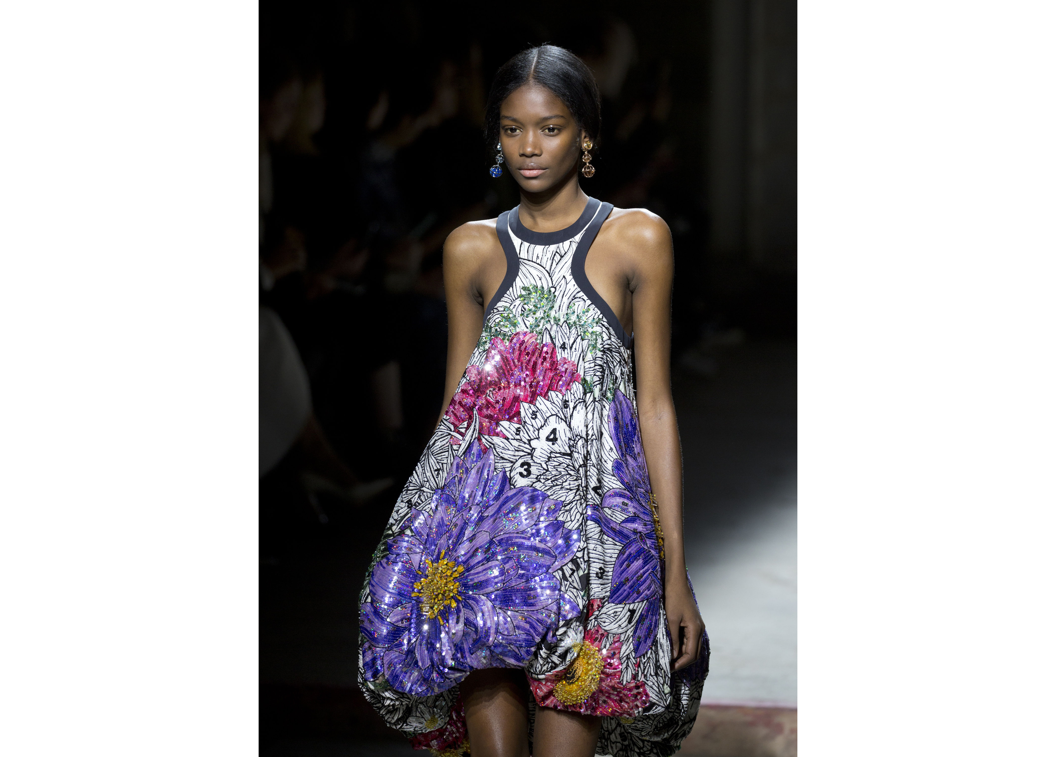 Elibeidy Danis on the catwalk during the Mary Katrantzou London Fashion Week SS18 show held at Topshop Showspace, London.