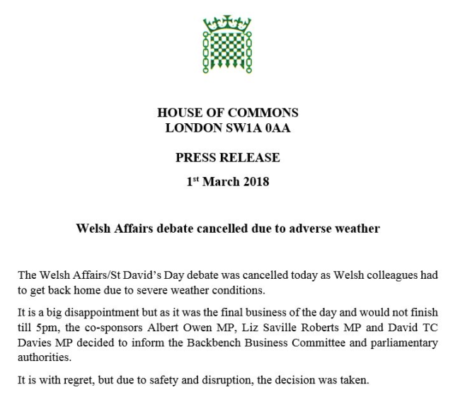 A statement from Labour MP Albert Owen, Plaid Cymru's Liz Saville Roberts, Conservative David Davies on the postponement of the St David's Day debate