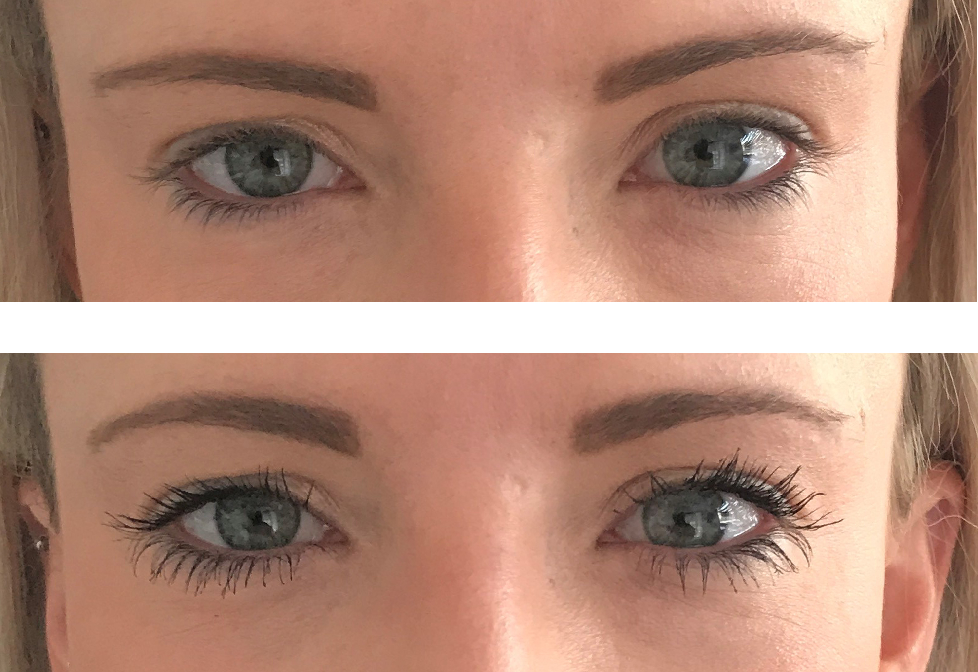 before and after applying Buxom Big Tease Plumping Mascara