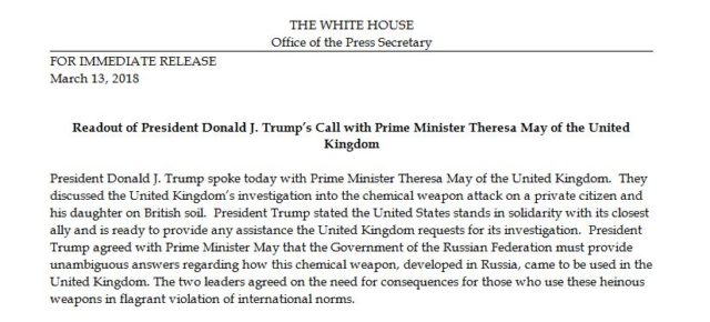 Statement from The White House about US President Donald Trump's discussion with Prime Minister Theresa May about the attack in Salisbury