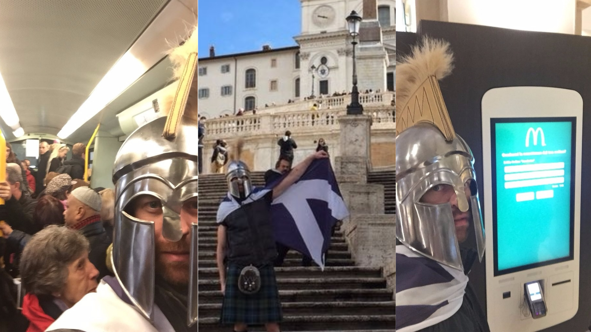 A Scotland fan poses with a helmet he bought in Rome