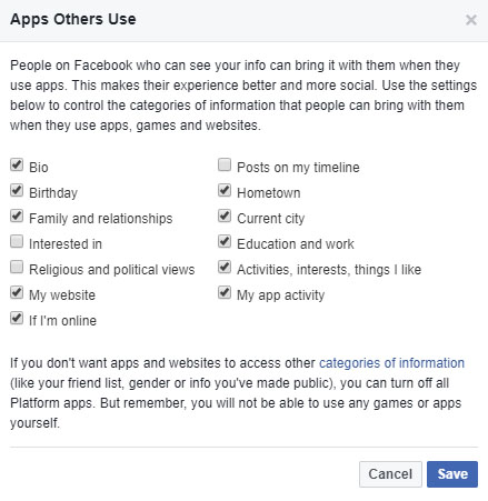 Apps Others Use settings page on Facebook (PA)