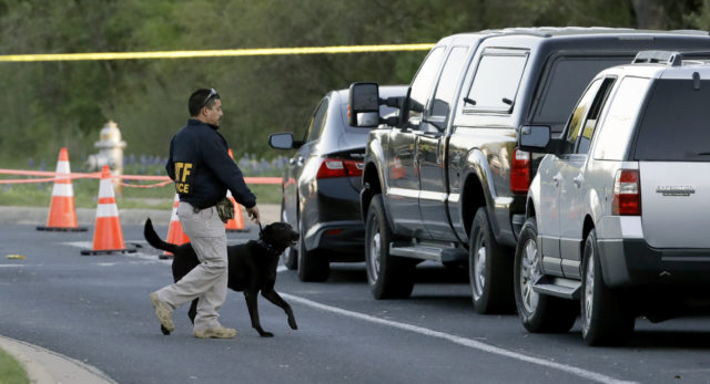 An agent from the Bureau of Alcohol, Tobacco, Firearms and Explosives works with his dog near the site of Sunday's explosion (Eric Gay/AP)