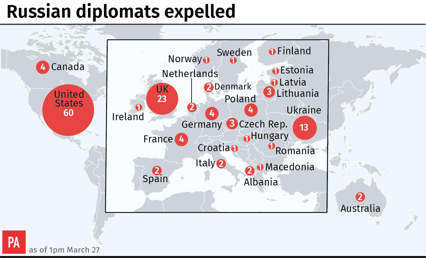 Russian diplomats expelled map (PA Graphics)