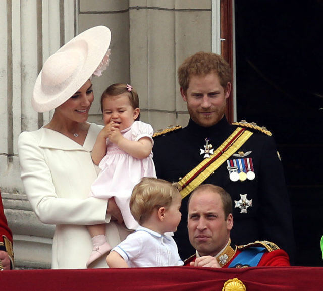 Prince Harry with nephew Prince George and niece Princess Charlotte, and the Duke and Duchess of Cambridge on the palace balcony for Trooping the Colour (Steve Parsons/PA)