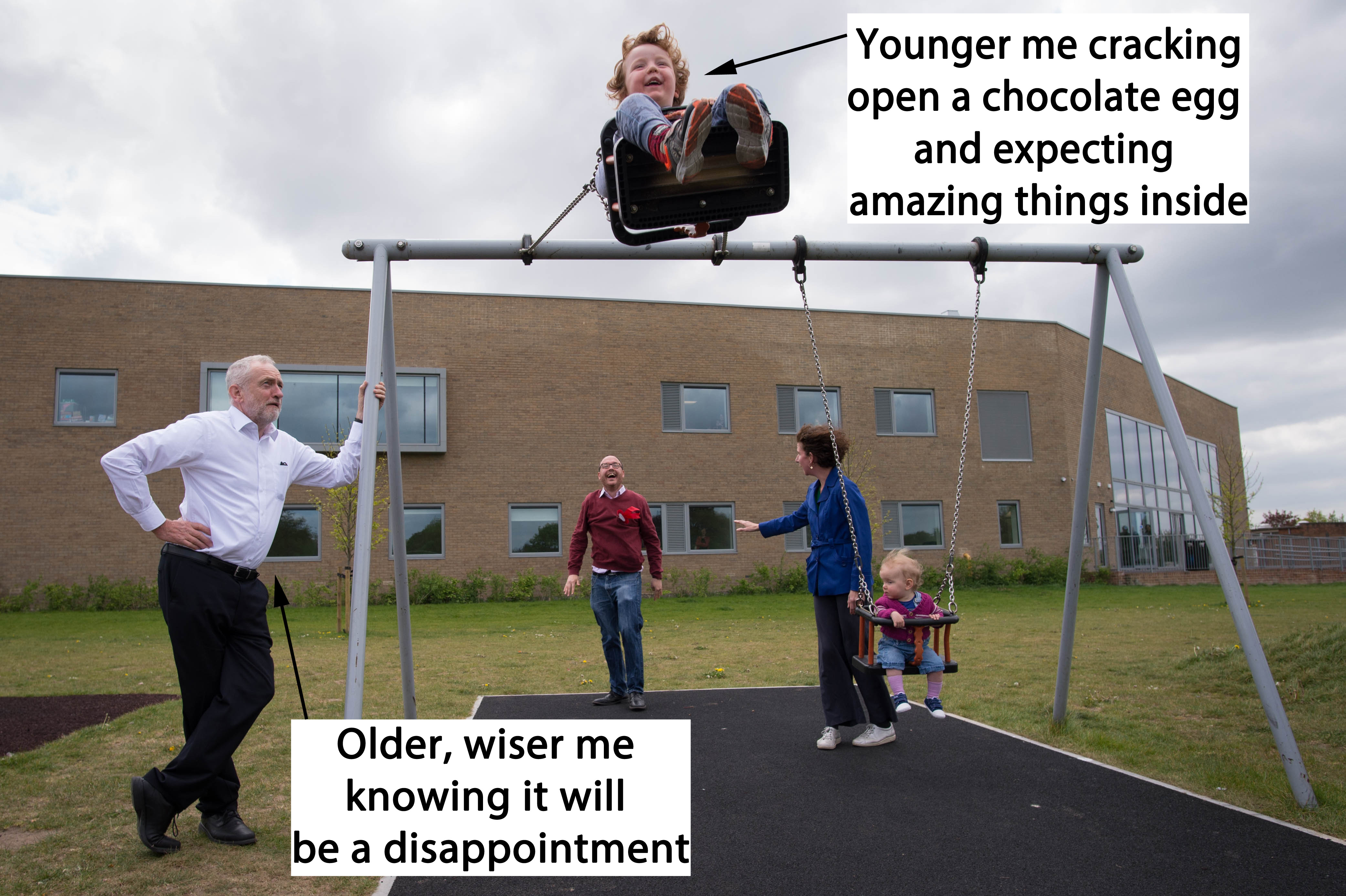 Corbyn watching a child on a swing