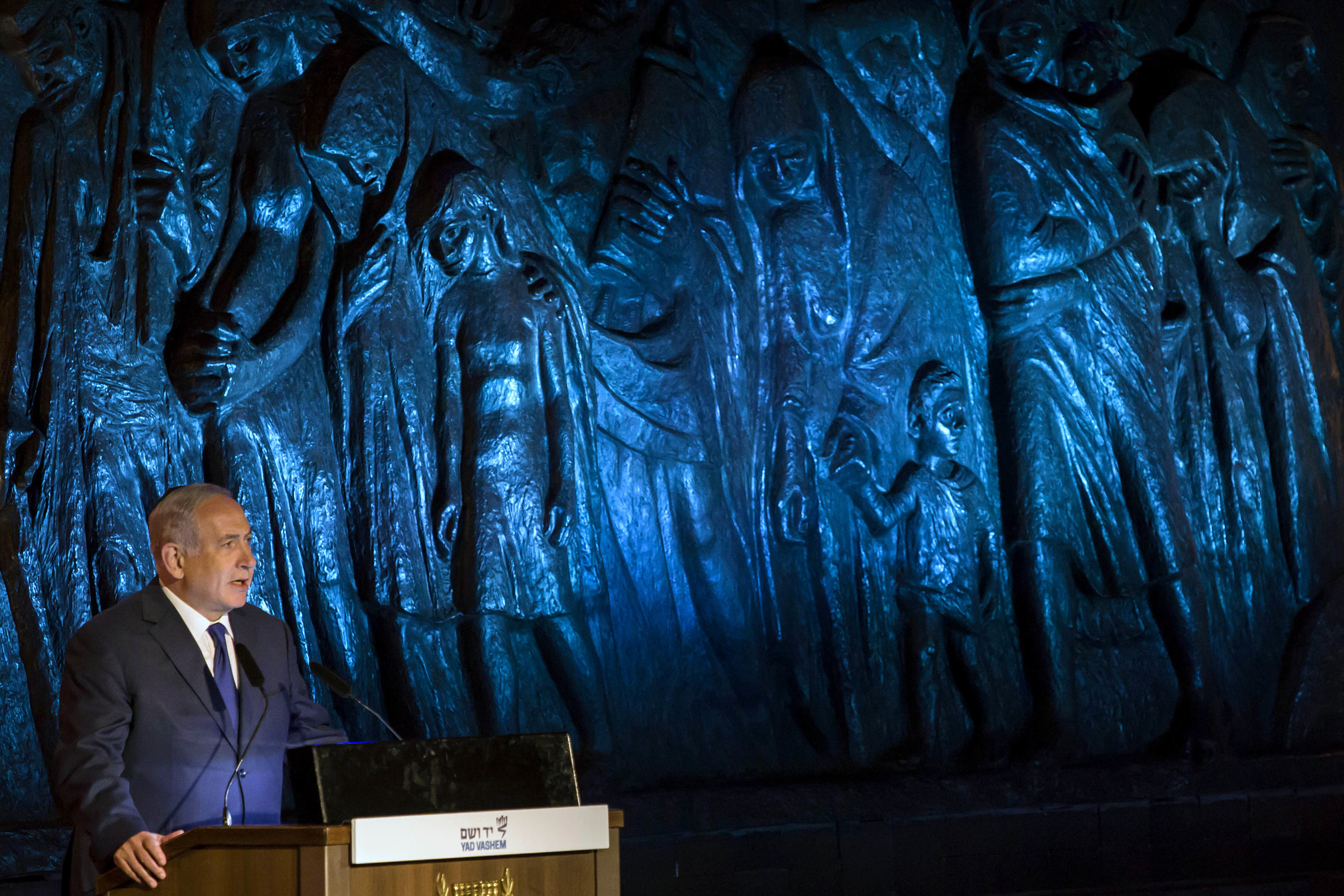 Israeli PM Benjamin Netanyahu at the Yad Vashem Holocaust memorial in Jerusalem (Tsafrir Abayov/AP)