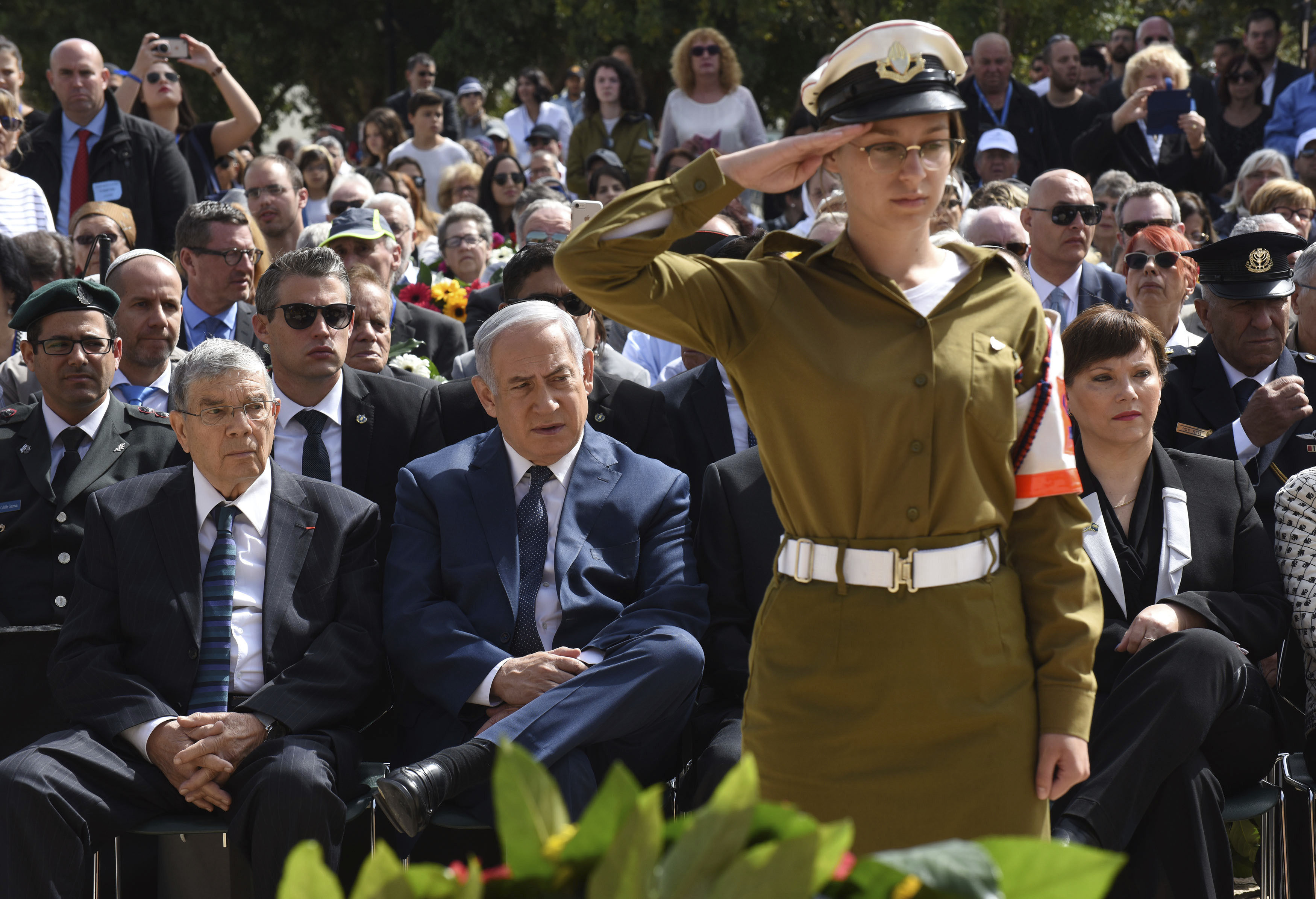 Benjamin Netanyahu attends a ceremony marking the annual Holocaust Remembrance Day at Yad Vashem Holocaust Memorial in Jerusalem (Debbie Hill/Pool via AP)