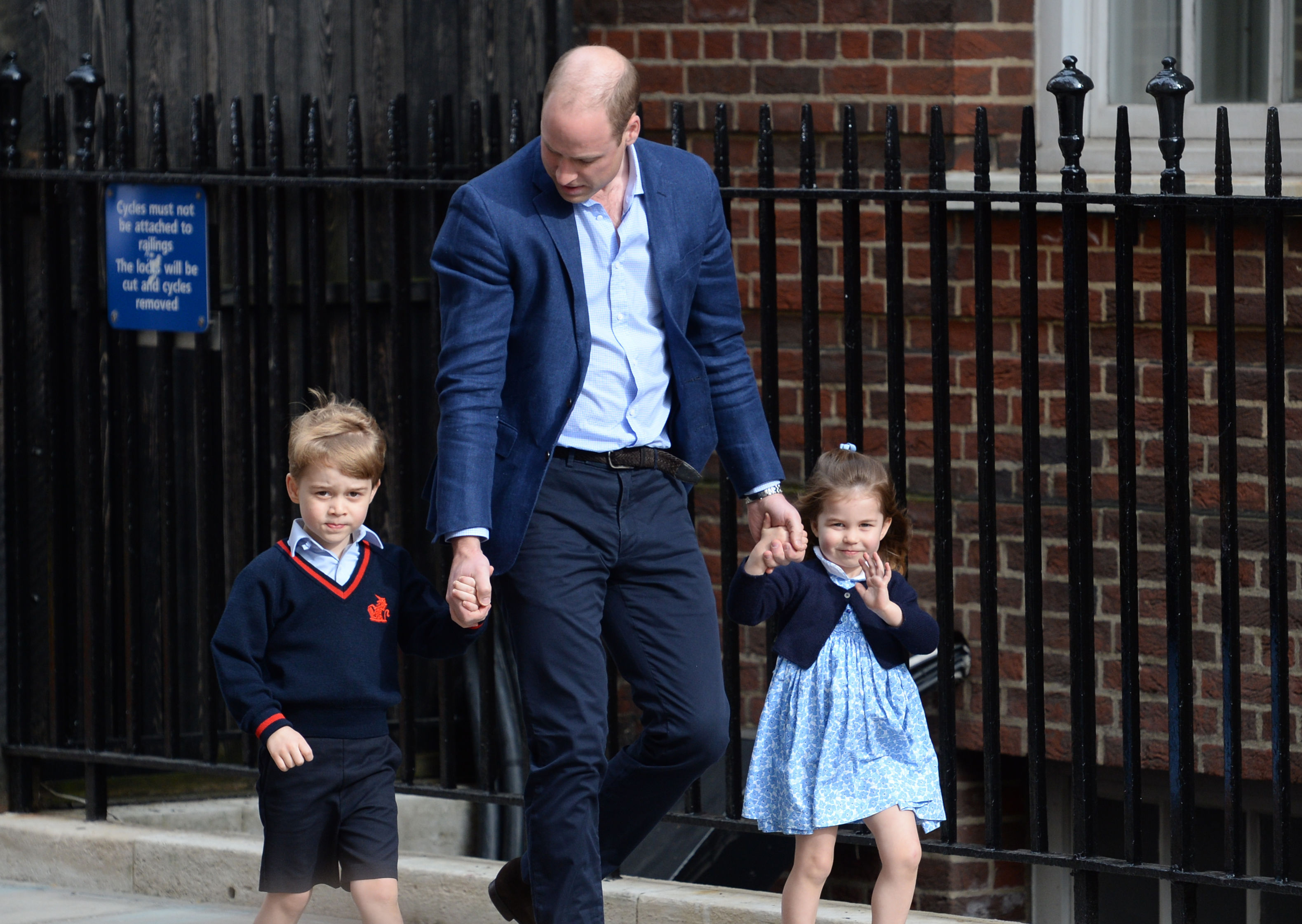 The Duke of Cambridge with Prince George and Princess Charlotte arriving at the Lindo Wing at St Mary's Hospital