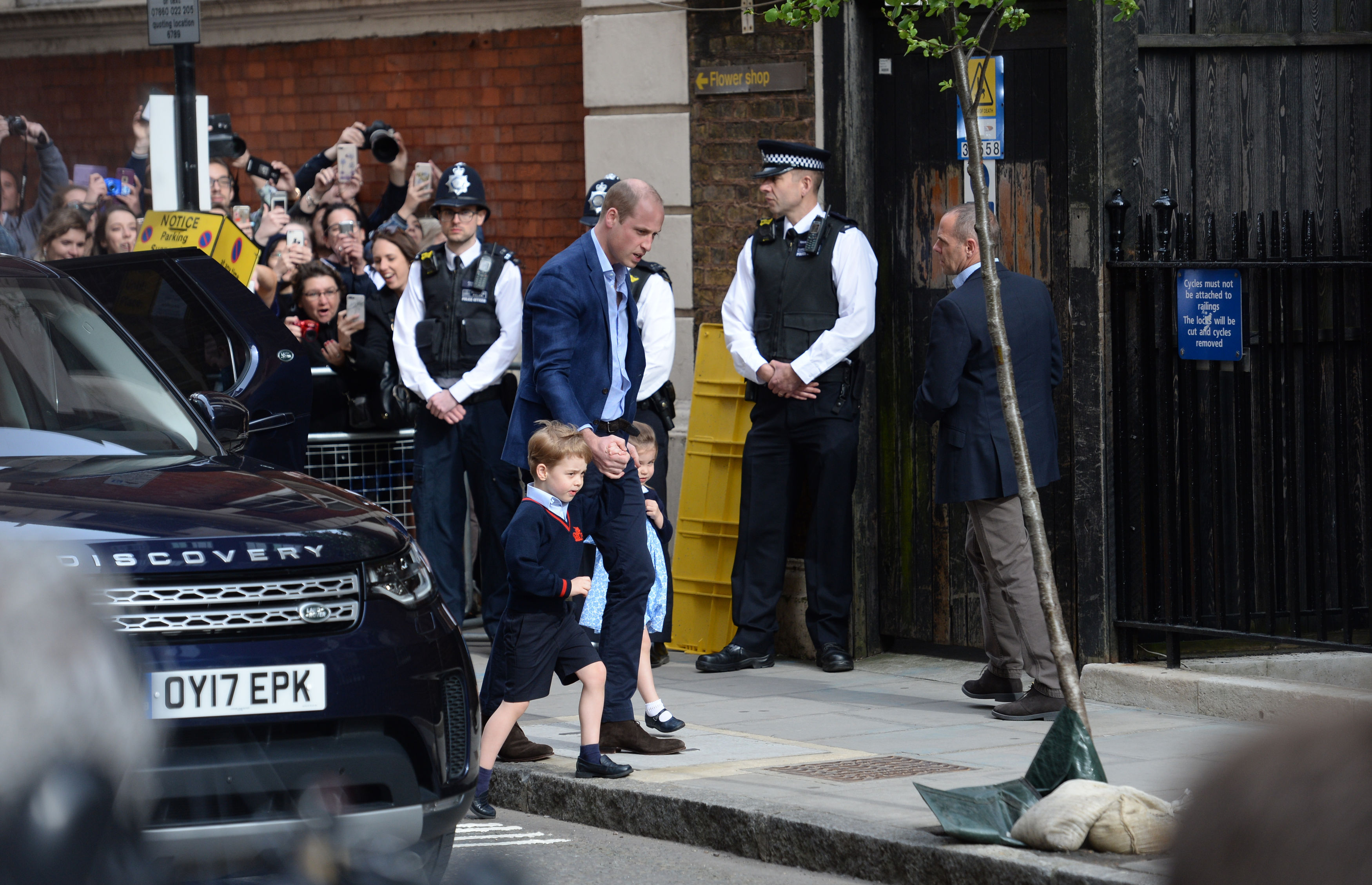The Duke of Cambridge with Prince George and Princess Charlotte arriving at the Lindo Wing at St Mary's Hospital in Paddington, London
