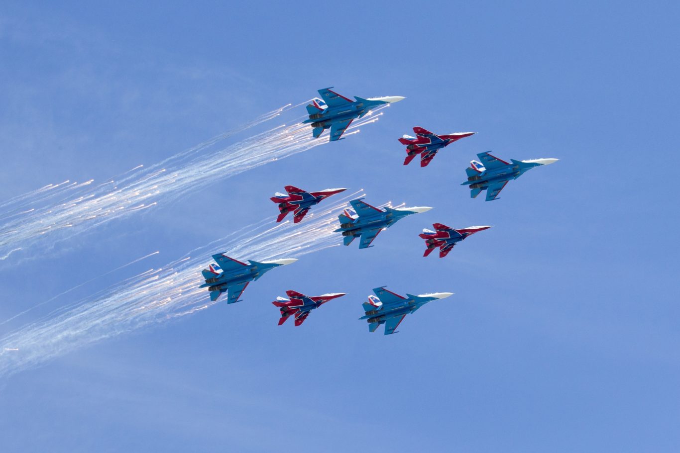 The parade included fly-pasts of modern military aircraft (AP)