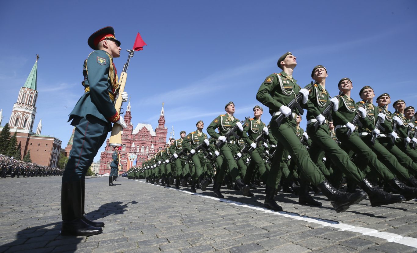 Russian military strength was to the fore during marches in Red Square (AP)