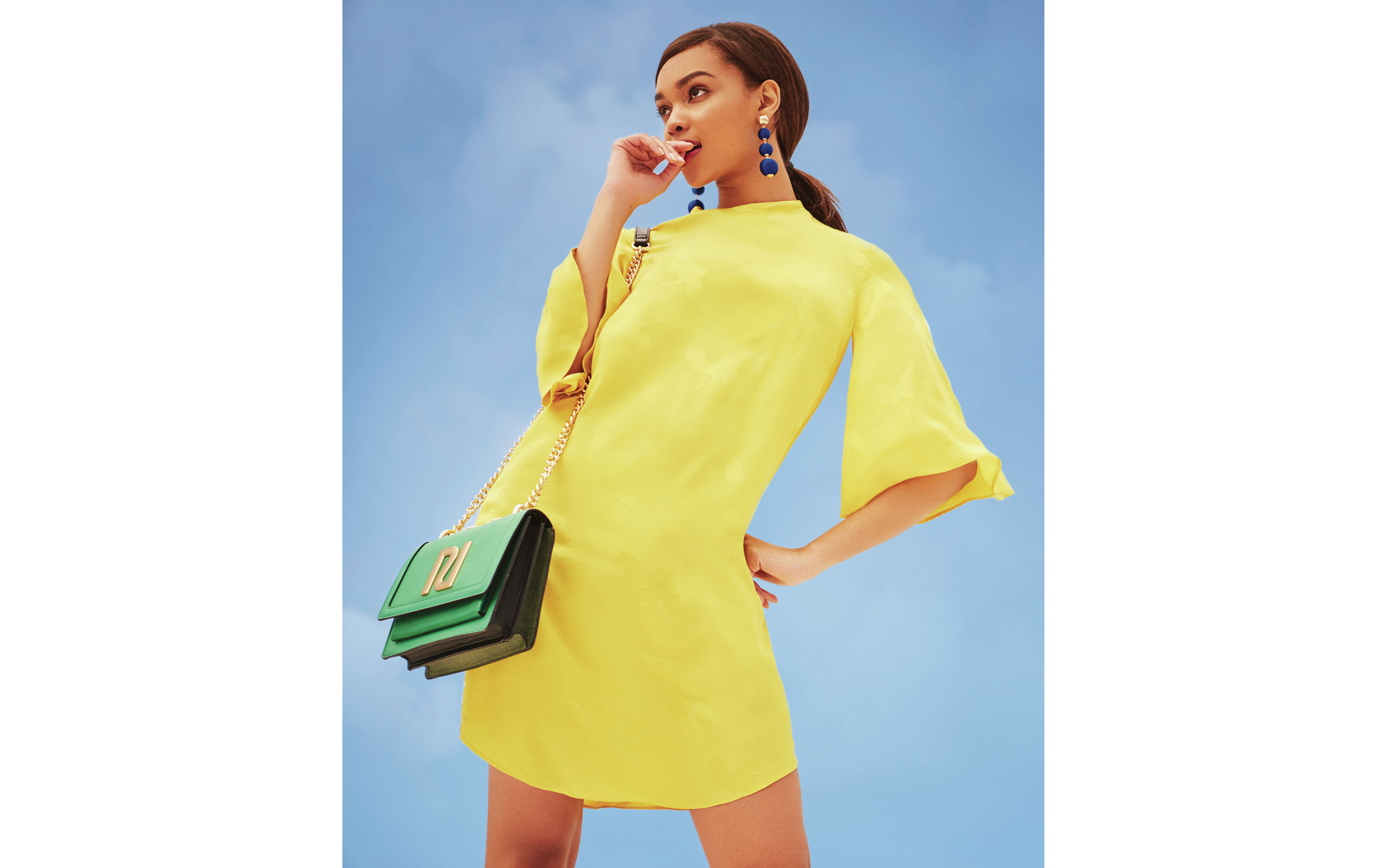 River Island Yellow Jacquard High Neck Swing Dress, Green Bag and Earrings
