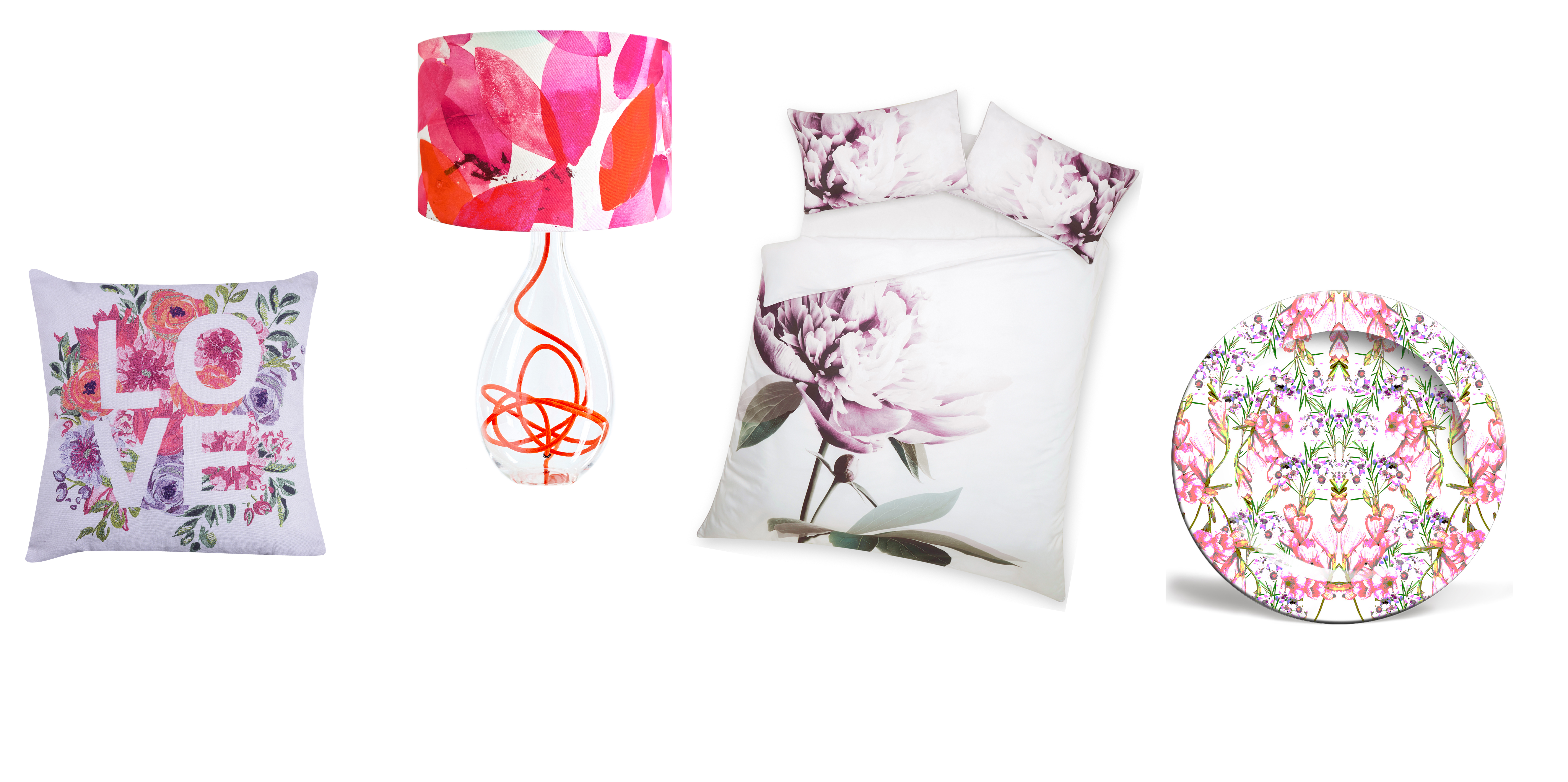 Punchy pink accessories will make their mark in any room: (L-R) Floral Embroidered Love Cushion, £12, Next; Falling Leaves in Autumn Lamp (medium), £199, Anna Jacobs; Cotton Sateen Oversize Floral Bed Set, £40-£70, Next; Felicity Plate by Zala Farah, from £15, Artwow (Next/Anna Jacobs/Artwow/PA)