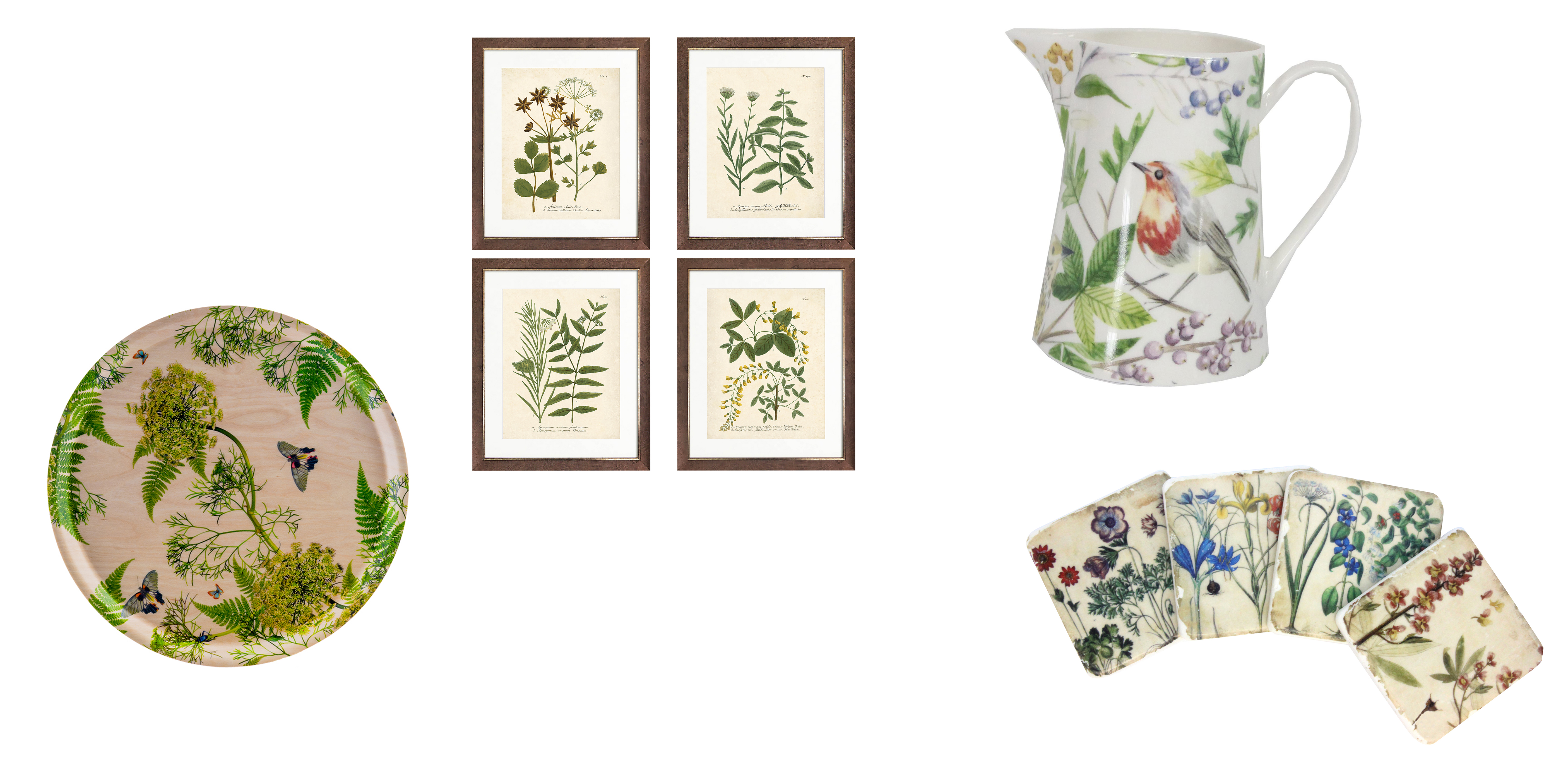 (L-R) Ary Dill Natural Birch Tray, £30.50, Printer & Tailor; Botanical Prints with Brown Frames, £120, Modeern Country Style Interiors; Spring Gardens & Birds Jug, £15, The Contemporary Home; Cream Resin Antiqued Tall Stem Flower Design Coasters, pack of four, £12, Gisela Graham (Printer & Tailor/Modern Country Style Interiors/The Contemporary Home/Gisela Graham/PA)
