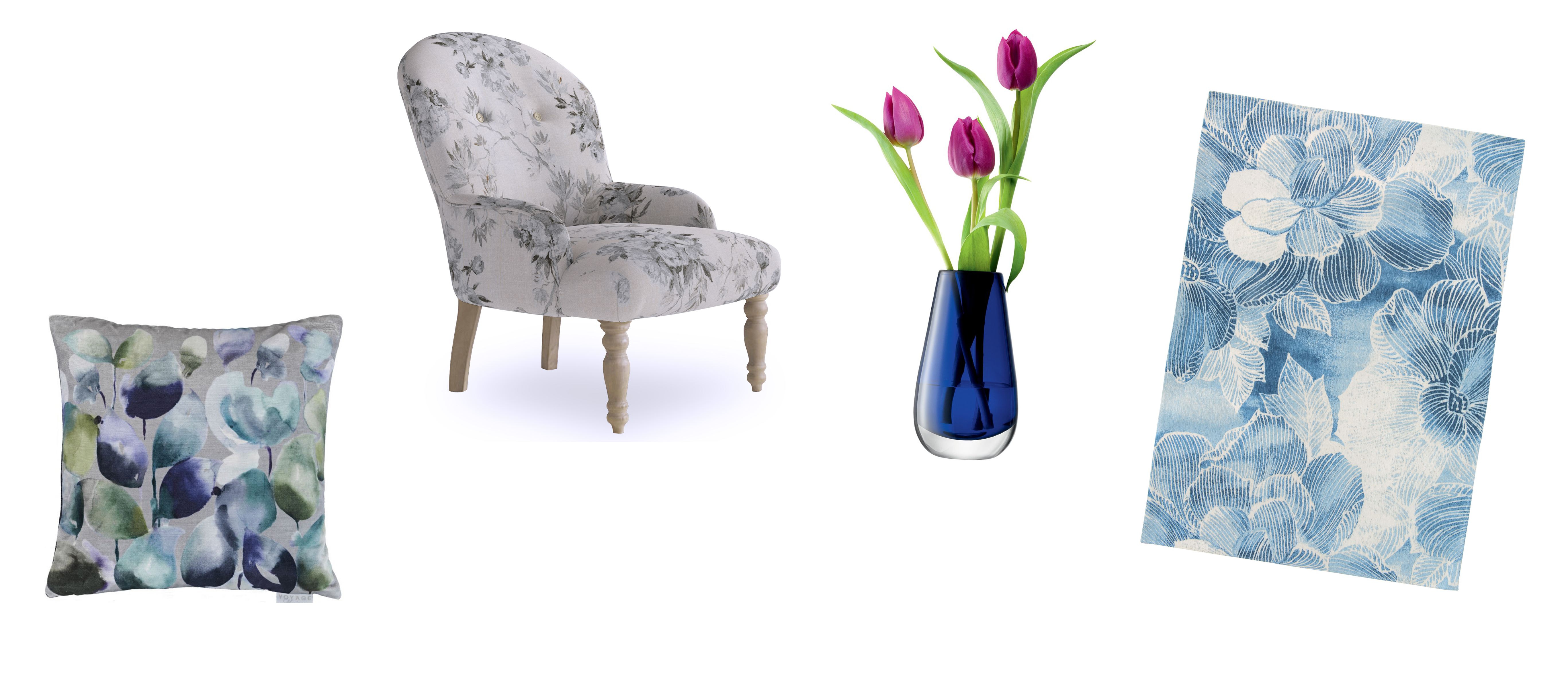(L-R) Voyage Samira Azure Cushon, £39, Bridgman; Rosina chair, in Dusty Blue Vintage Rose, £625, Loaf; Bud Vase, Cobalt Blue, £13.95, Annabel James; Villa Nova Akina Indigo Rug, from £425, Modern Rugs (Bridgman/Loaf/Annabel James/Modern Rugs/PA)