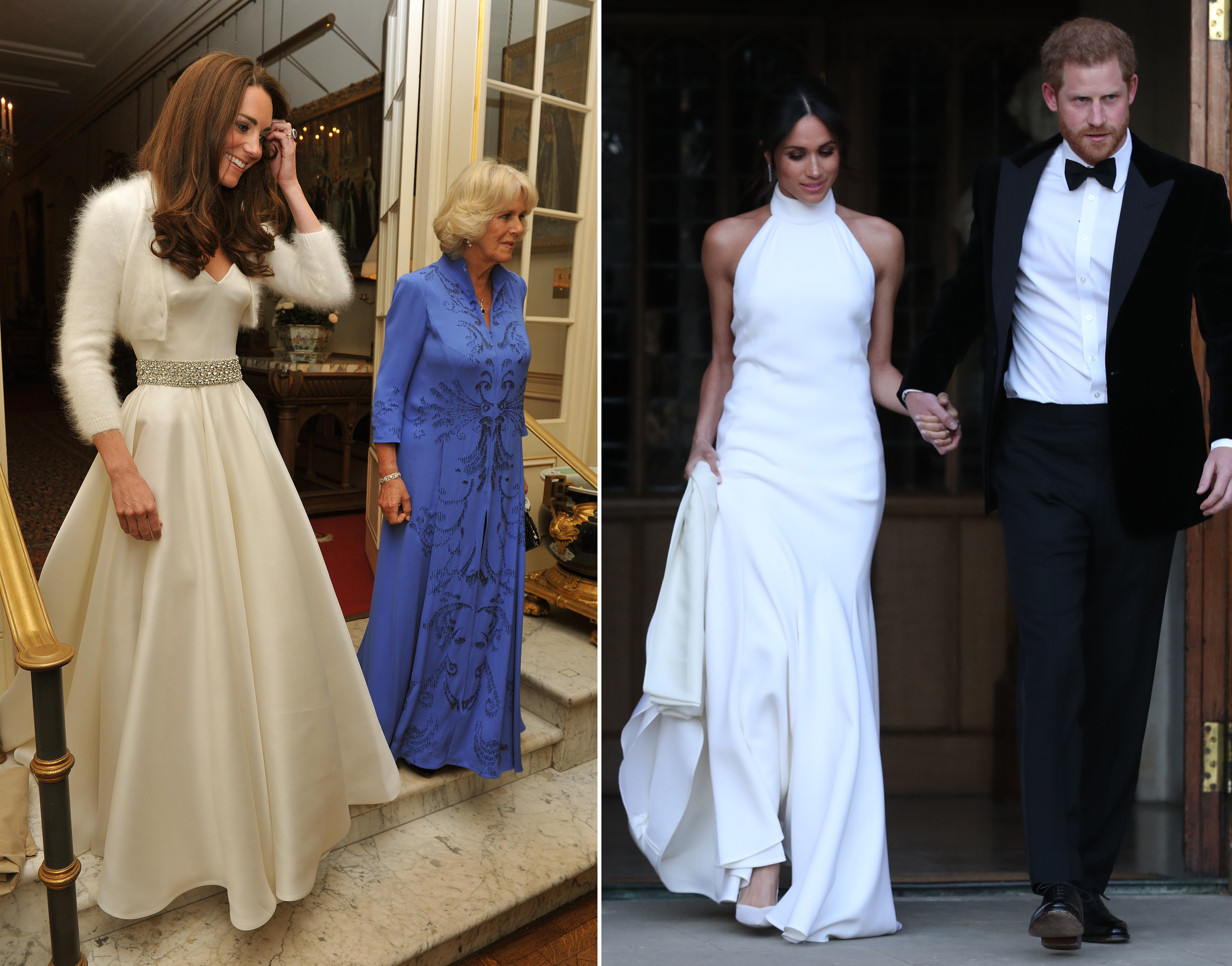 Kate and Megah's evening reception dresses (John Stillwell/Steve Parsons/PA)