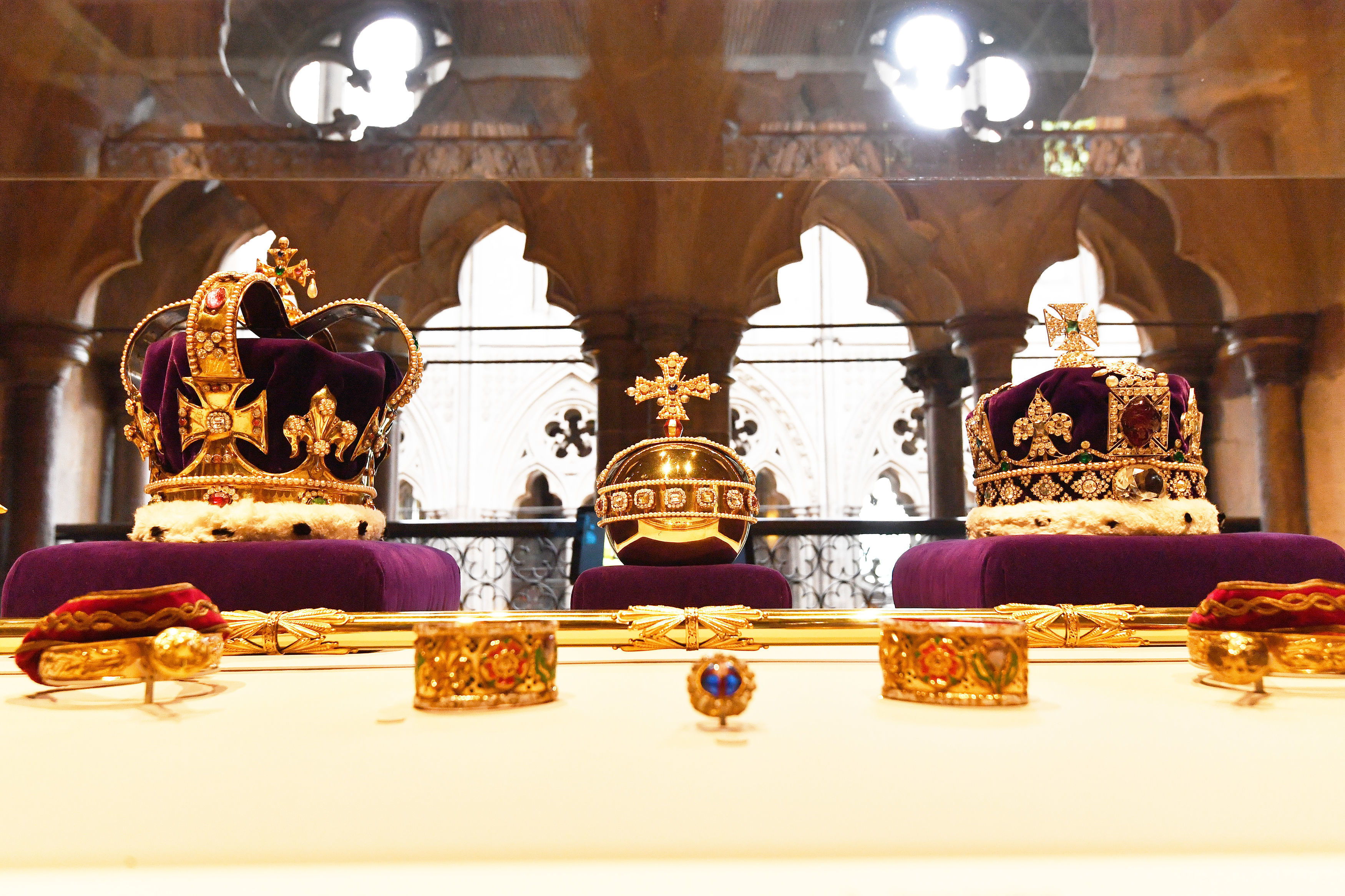 Replicas of, left to right, St Edward's Crown, Orb with Cross and Imperial State Crown (John Stillwell/PA)