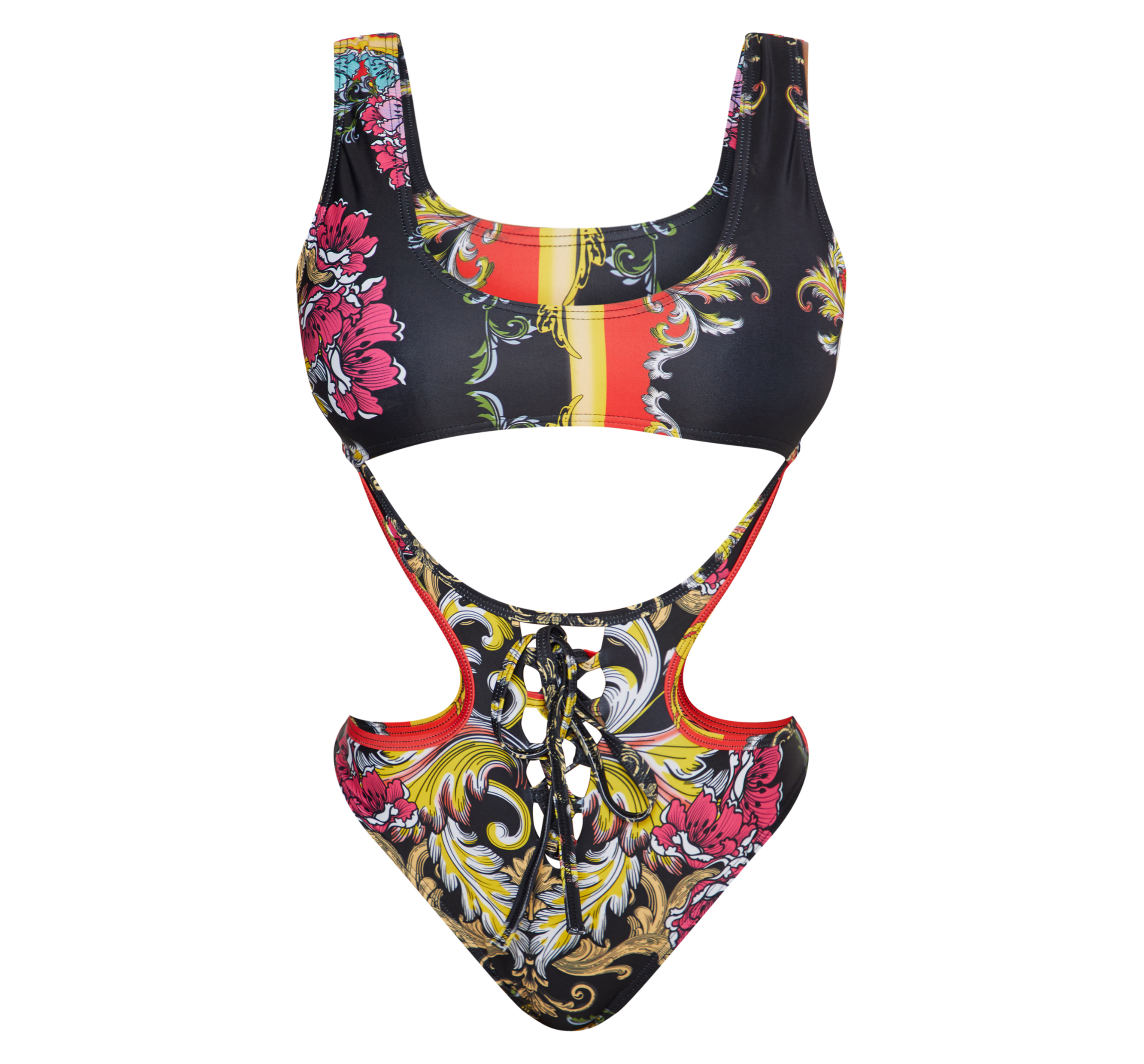 Pretty Little Thing Black Baroque Up Under Bust Cut Out Swimsuit