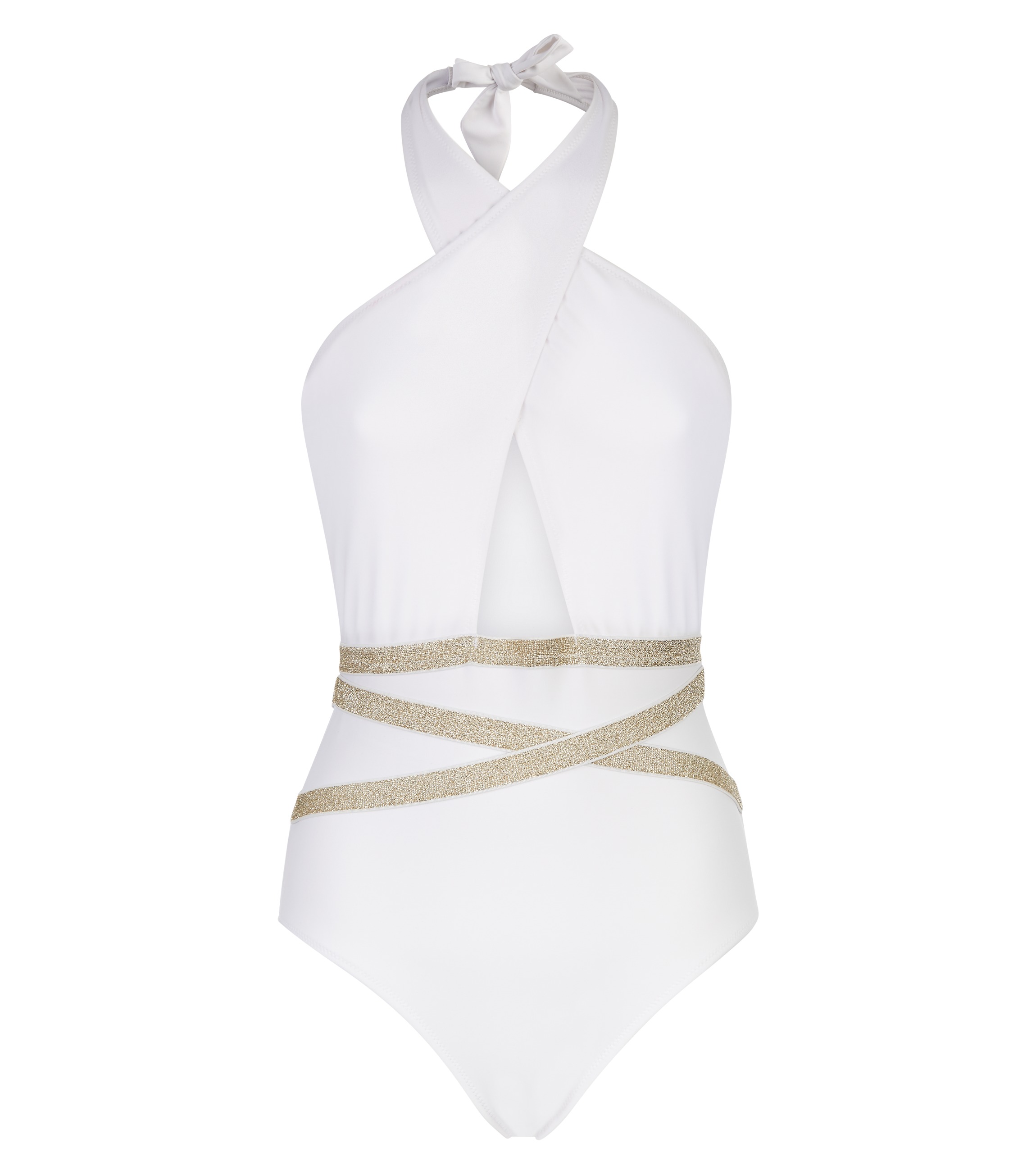 New Look White Glitter Belted Plunge Neck Swimsuit