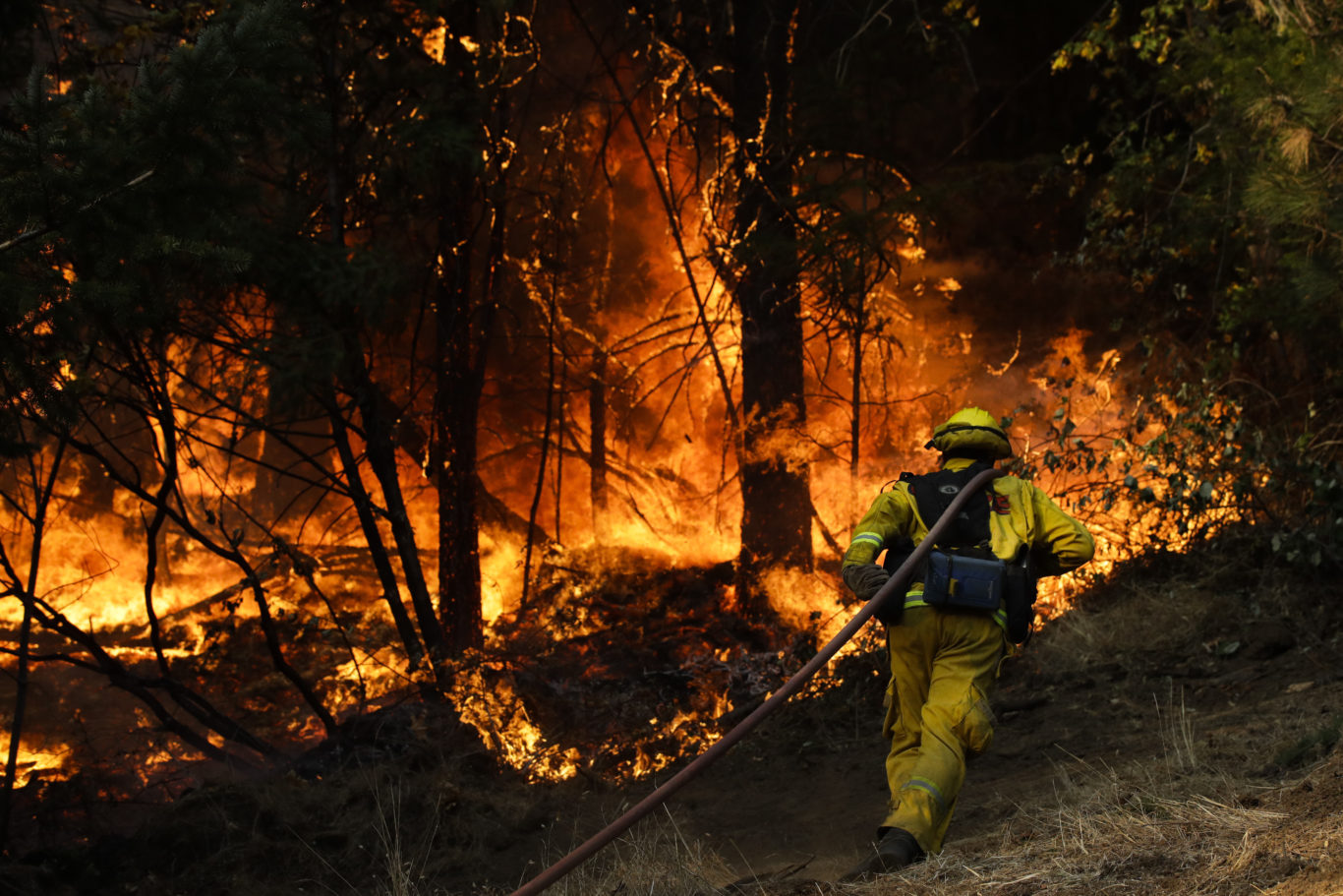 A firefighter tackles a blaze burning along the Highway 29 near Calistoga, California, in October 2017 (Jae C Hong/PA)