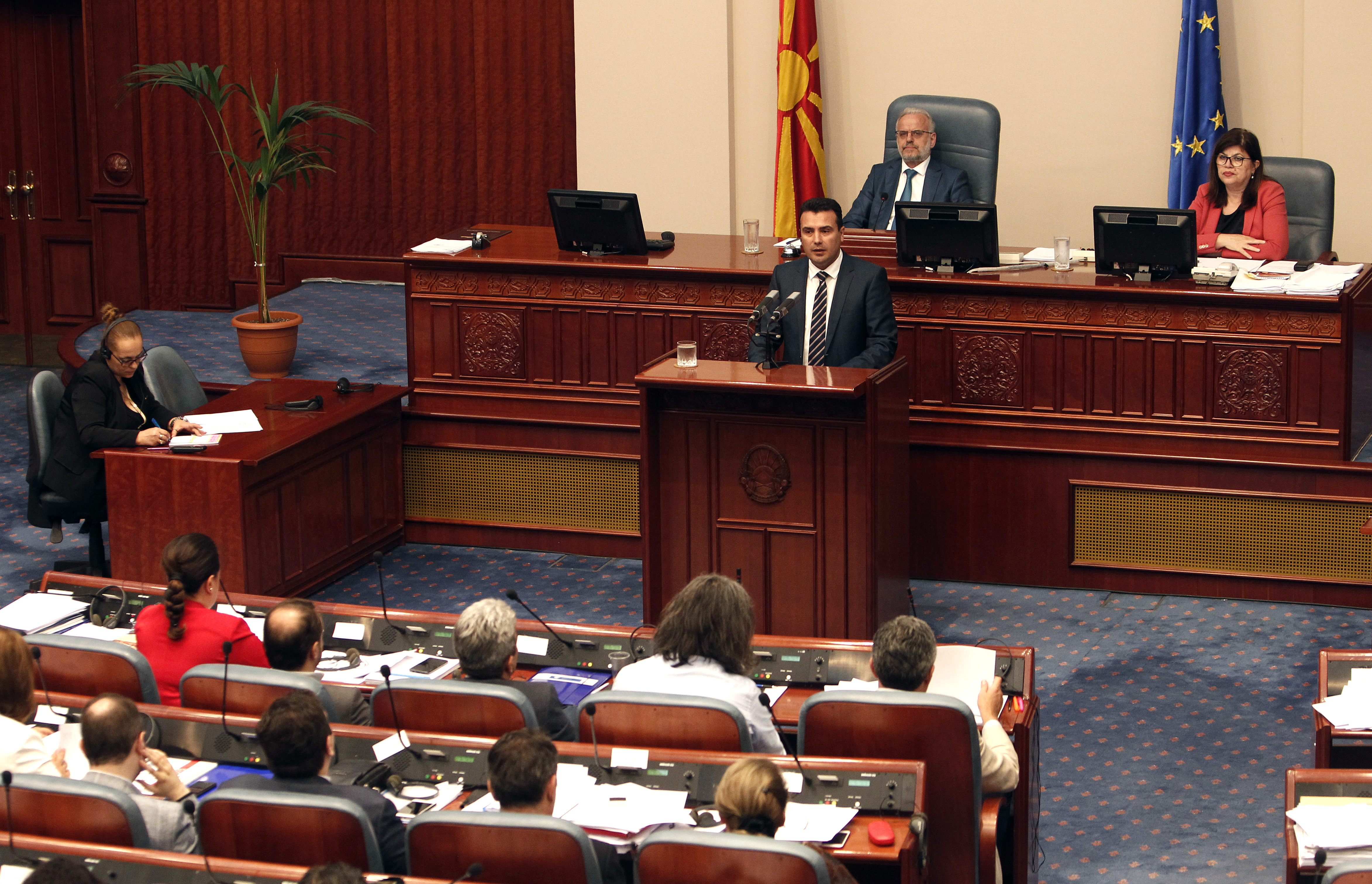 Macedonian PM Zoran Zaev speaks during a session for the ratification of the deal with Greece in the parliament in Skopje