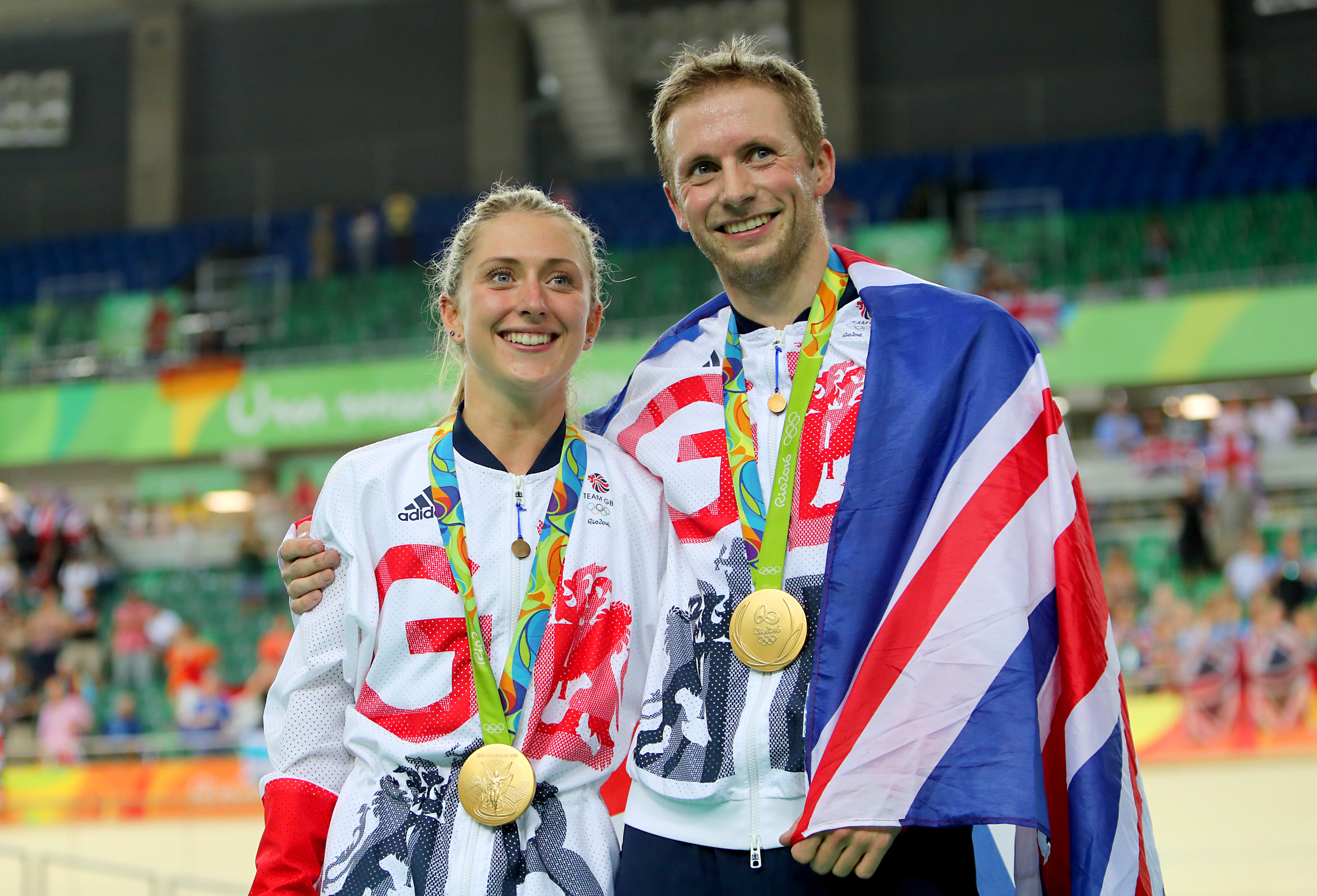 Jason Kenny after winning the gold medal in the Men's Keirin Final in 2016 with Laura Trott beside him. (David Davies/PA)
