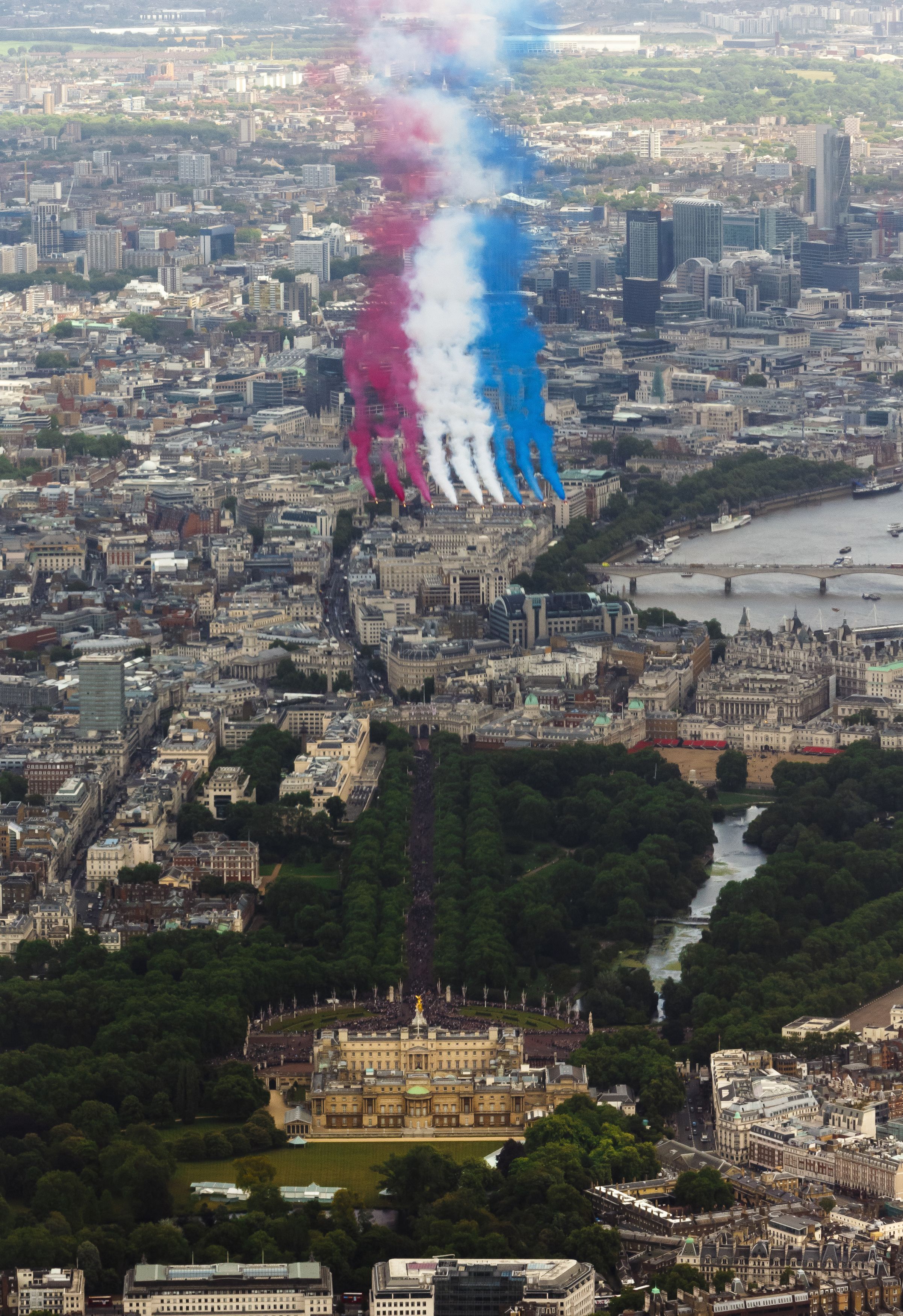 The RAF Red Arrows perform a flypast over Buckingham Palace, central London, following the Trooping the Colour