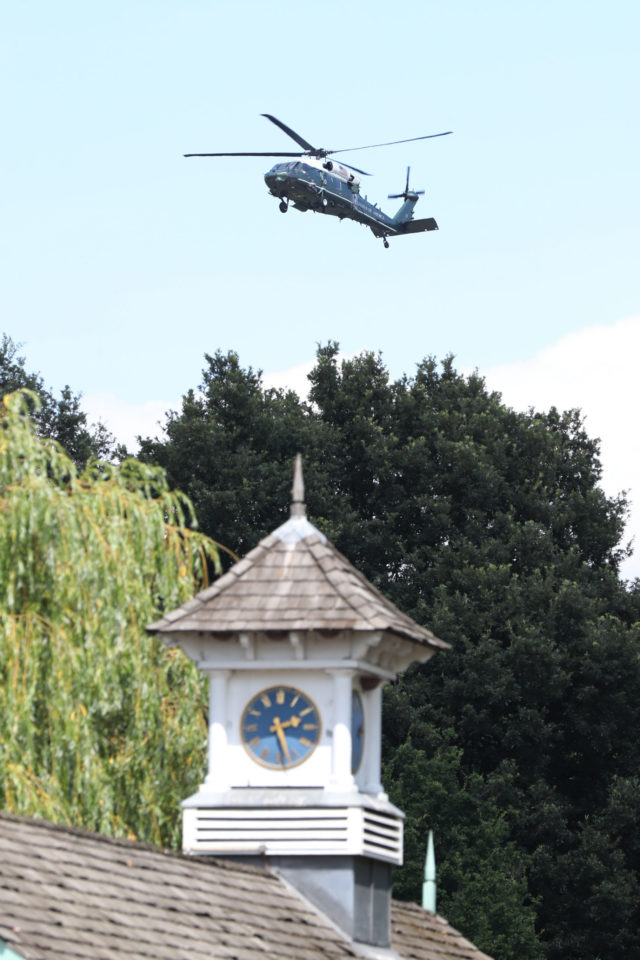 A US Marine Corps helicopter flies near the residence of the US Ambassador in London's Regent's Park