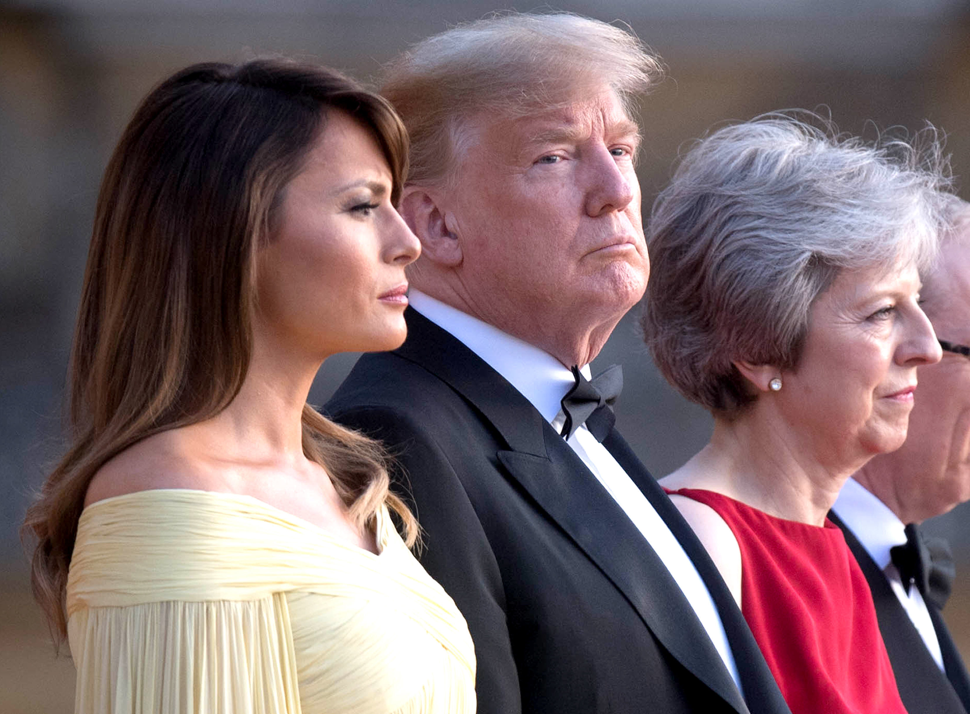 US President Donald Trump and his wife Melania are welcomed by Prime Minister Theresa May and her husband Philip May at Blenheim Palace