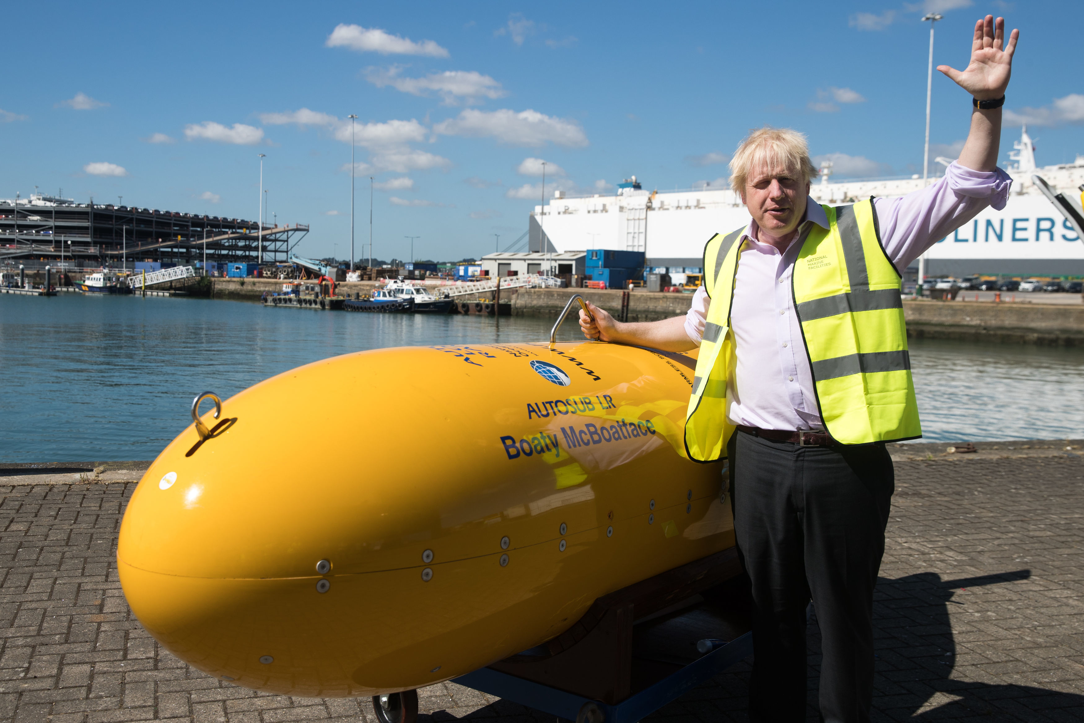 Former Foreign Secretary, Boris Johnson, with Boaty McBoatface, an autonomous underwater vehicle used for scientific research