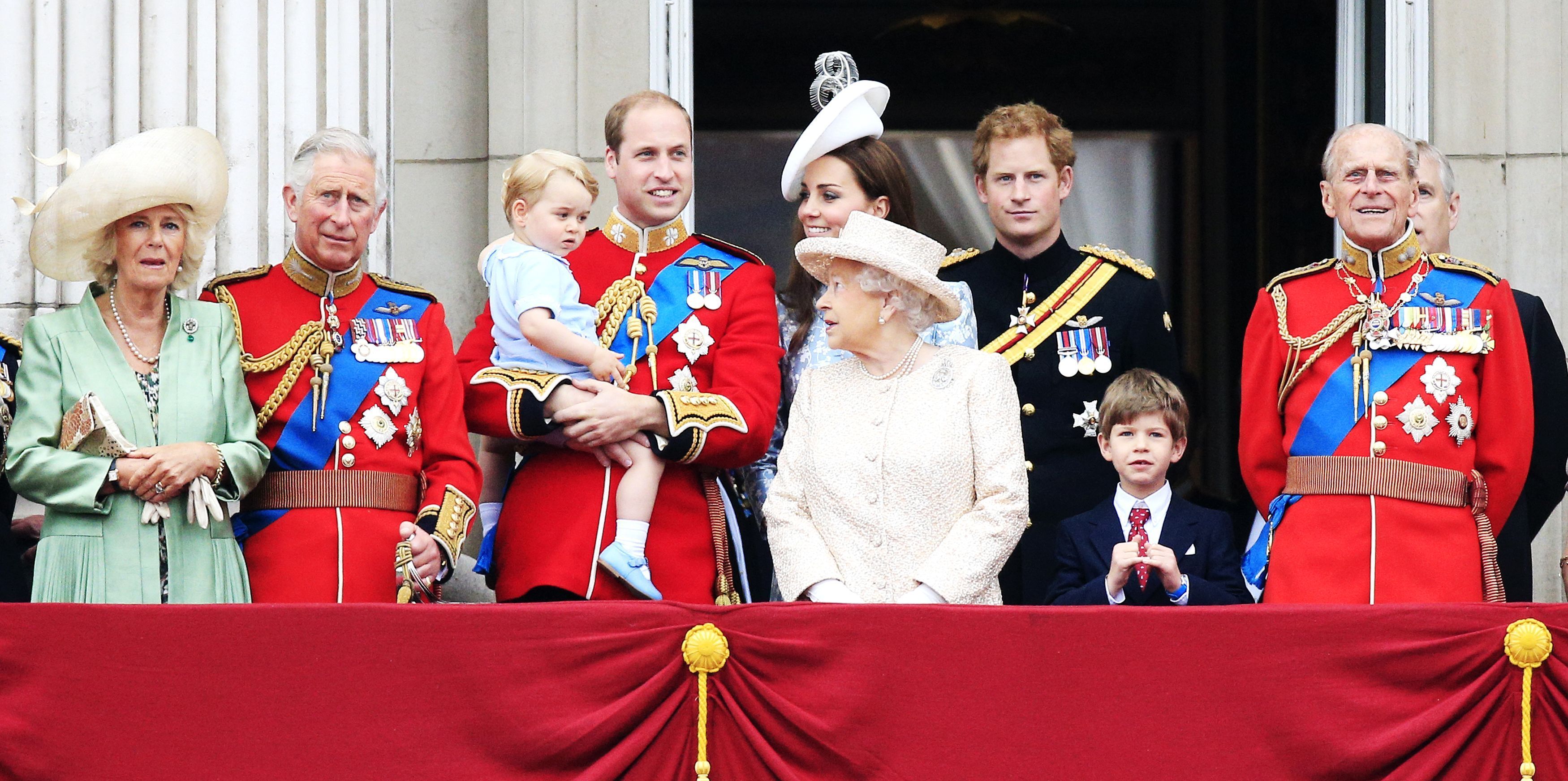 The Duchess of Cornwall, the Prince of Wales, Prince George, the Duke and Duchess of Cambridge, Queen Elizabeth II, Prince Harry, James Viscount Severn, the Duke of Edinburgh and the Duke of York on the balcony at Buckingham Palace following Trooping the Colour at Horse Guards Parade, London, in 2015