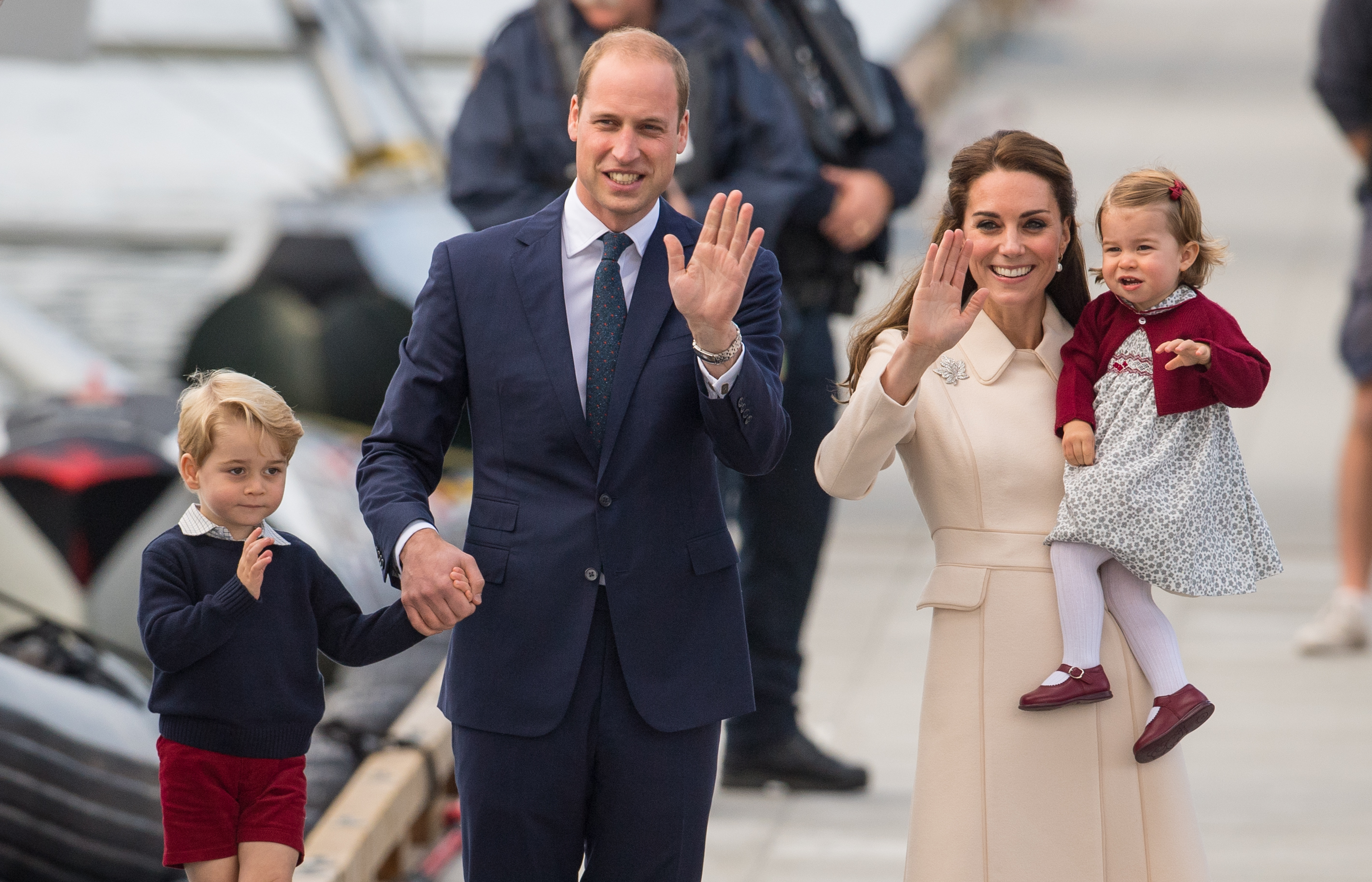 The Duke and Duchess of Cambridge, Prince George and Princess Charlotte wave to the crowd before departing by sea plane from Victoria Harbour Airport in Victoria, Canada, on the eighth day of the Royal Tour to Canada