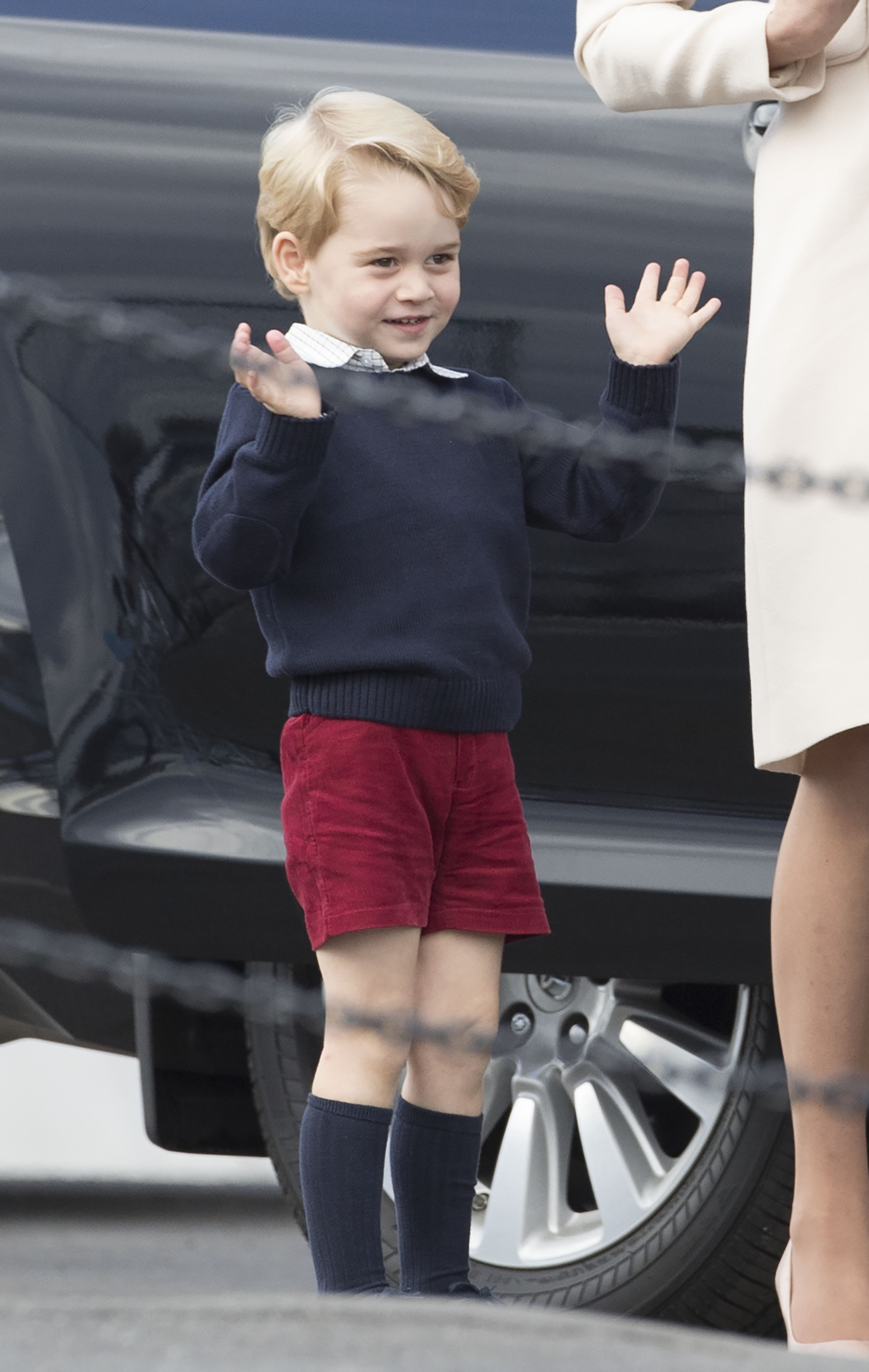 The Duchess of Cambridge and Prince George after a ceremony to mark their departure at Victoria Harbour seaplane terminal in Victoria during the Royal Tour of Canada