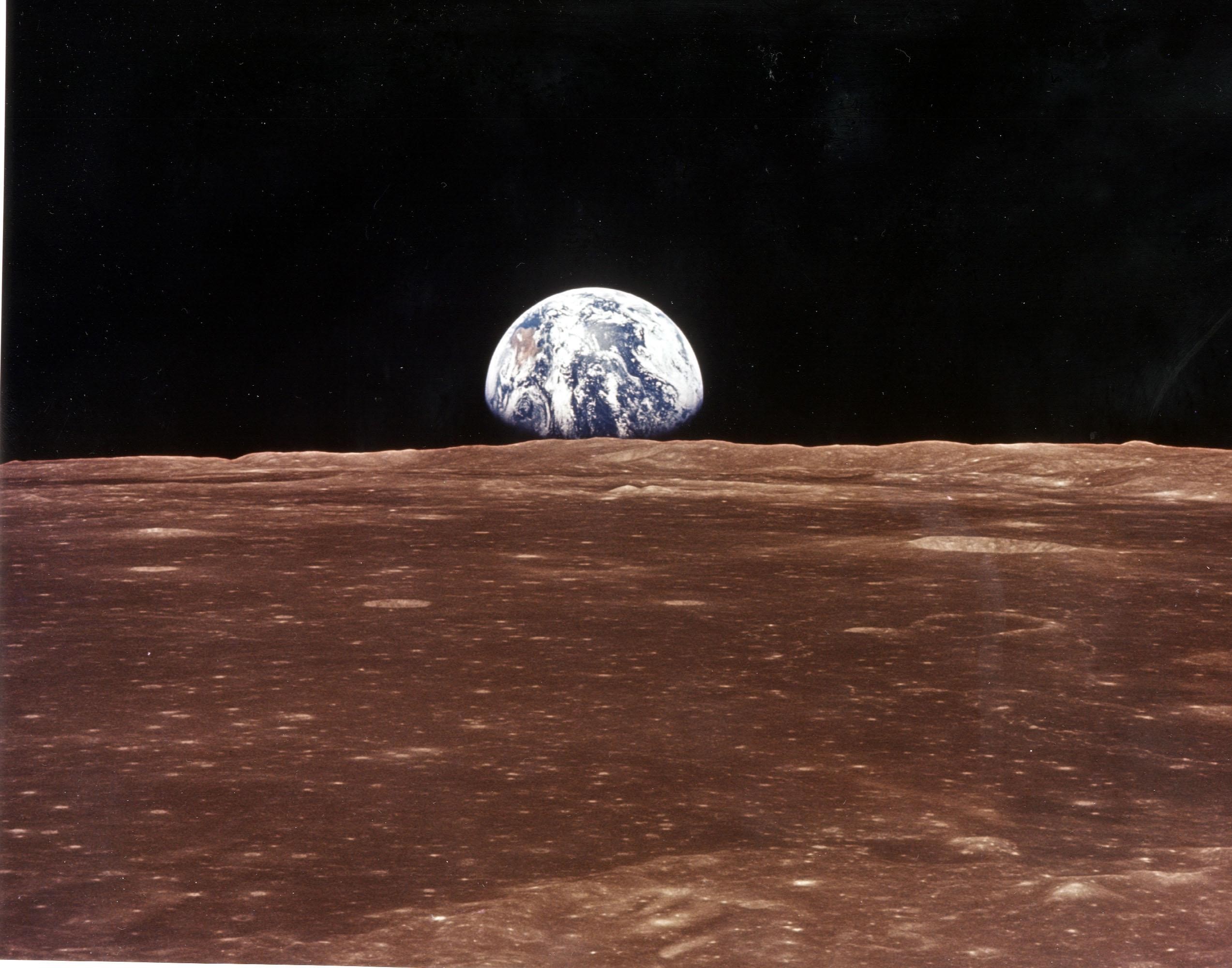 A photo taken by astronauts form Apollo 11 of Earth from the Moon